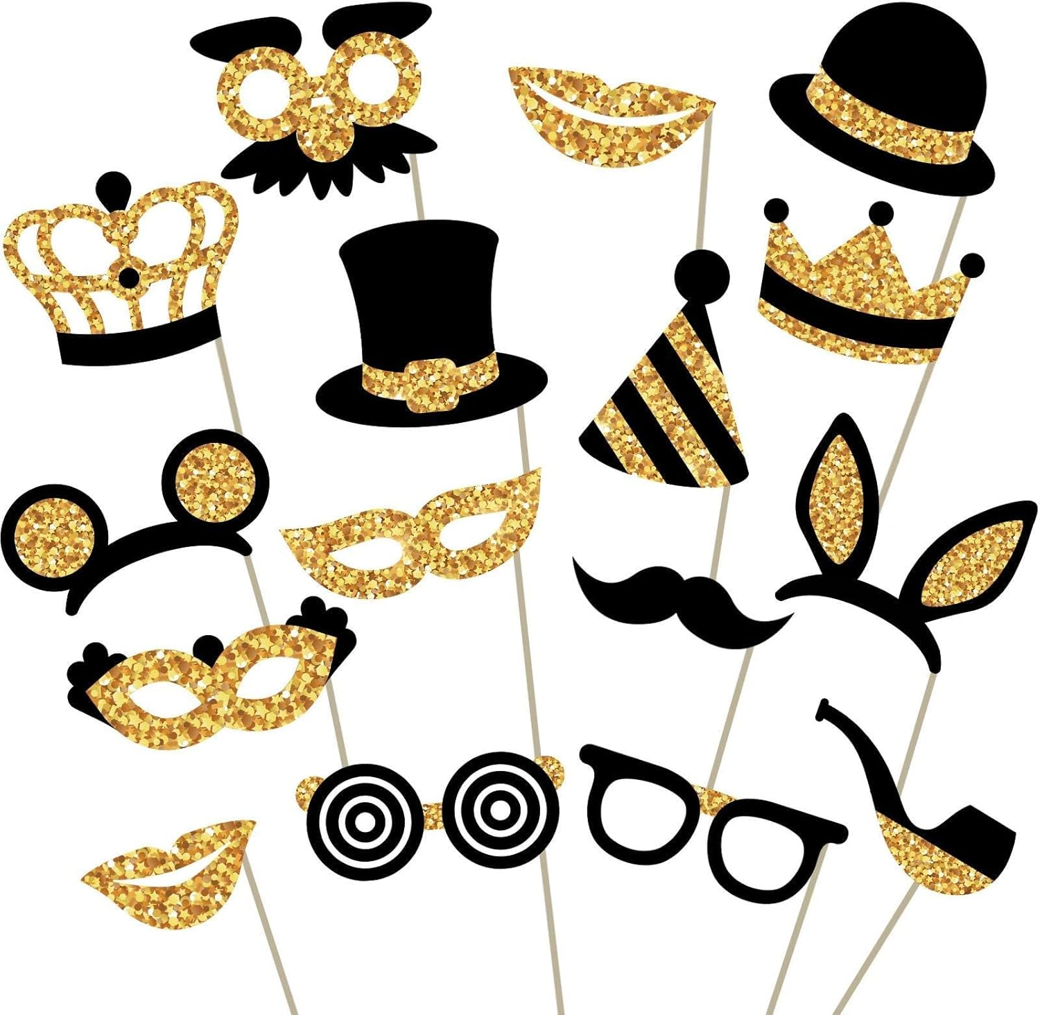 Photo Booth Props Kit, 16 Pcs Black & Gold Party Accessories by PixiPy