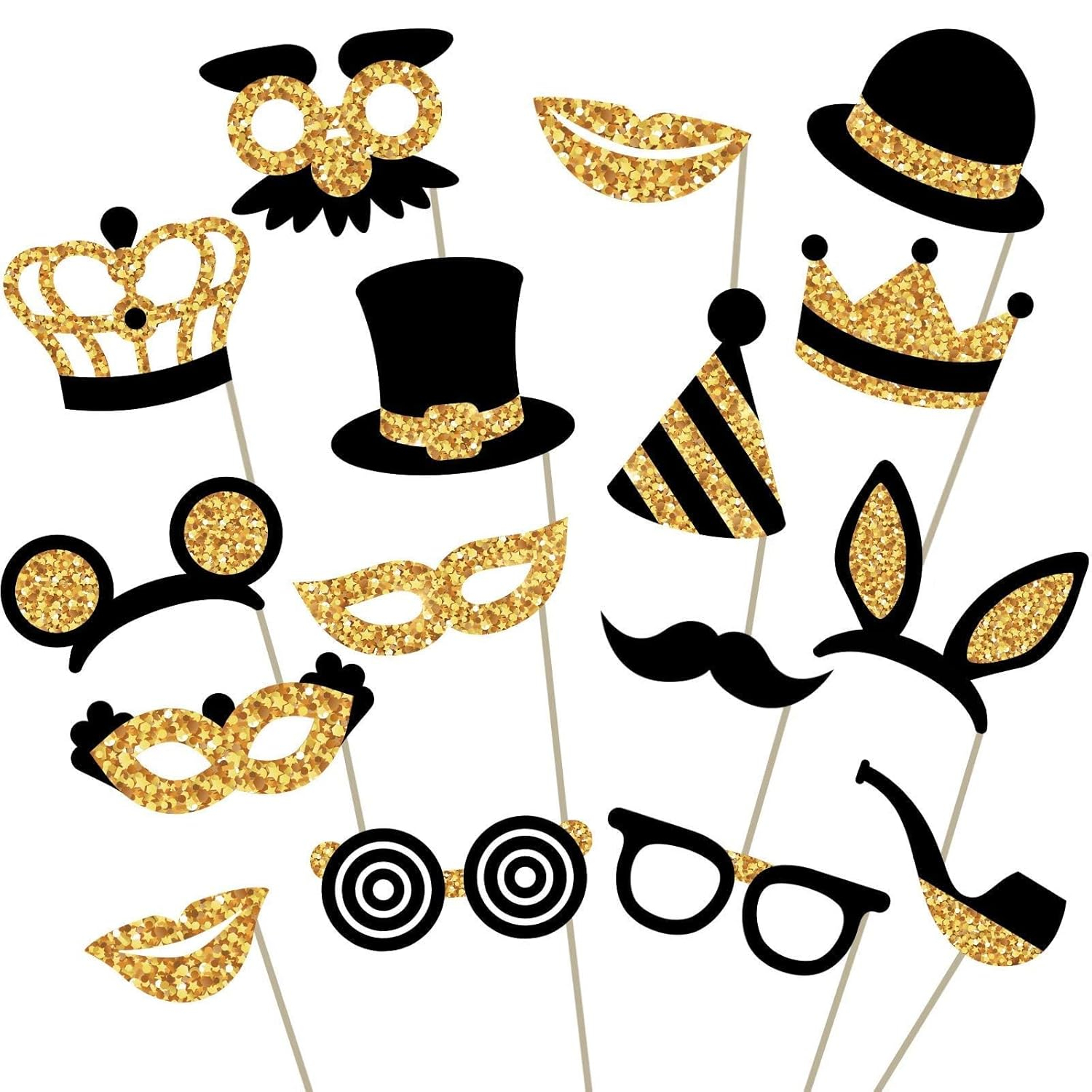Photo Booth Props Kit, 16 Pcs Black & Gold Party Accessories by PixiPy
