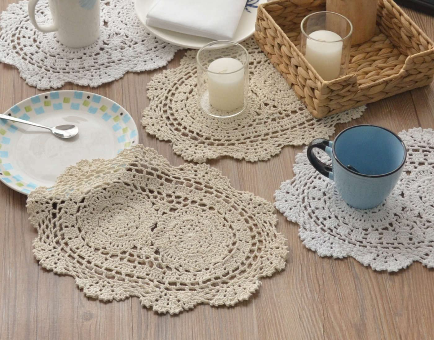 4 Hand Crochet Oval Lace Doilies for Table Placemats