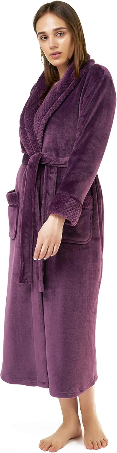 Turquaz Linen Womens Plush Soft Robes, Fleece, Long Comfy Robe (Small, Purple)