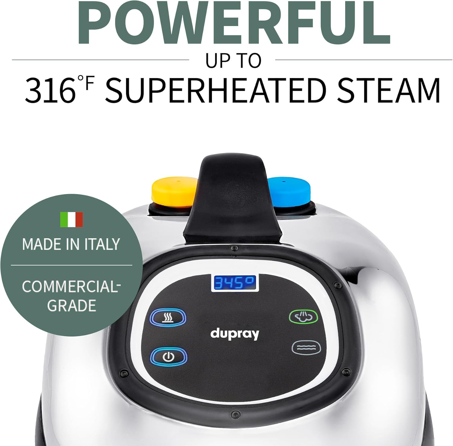 TOSCA™ Steam Cleaner by Dupray. A commercial-grade steam cleaner with enamel-coated steel case and intuitive digital interface. 1600w of power for car detailing, grout cleaning, & tile restoration.