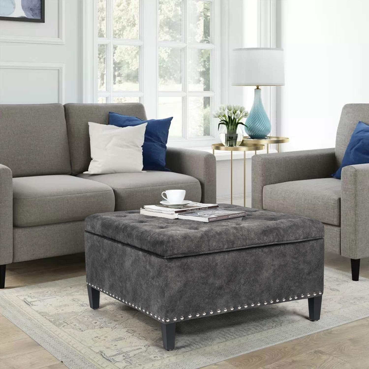 Adeco Large Square Footstool Fabric Ottoman with Storage Footstool, Dark Gray