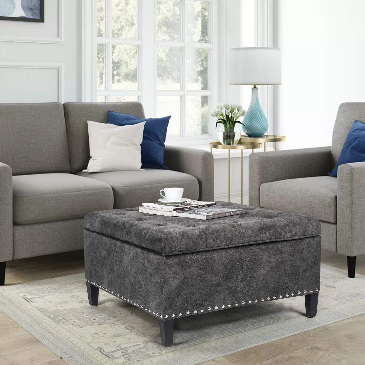 Adeco Large Square Footstool Fabric Ottoman with Storage Footstool, Dark Gray