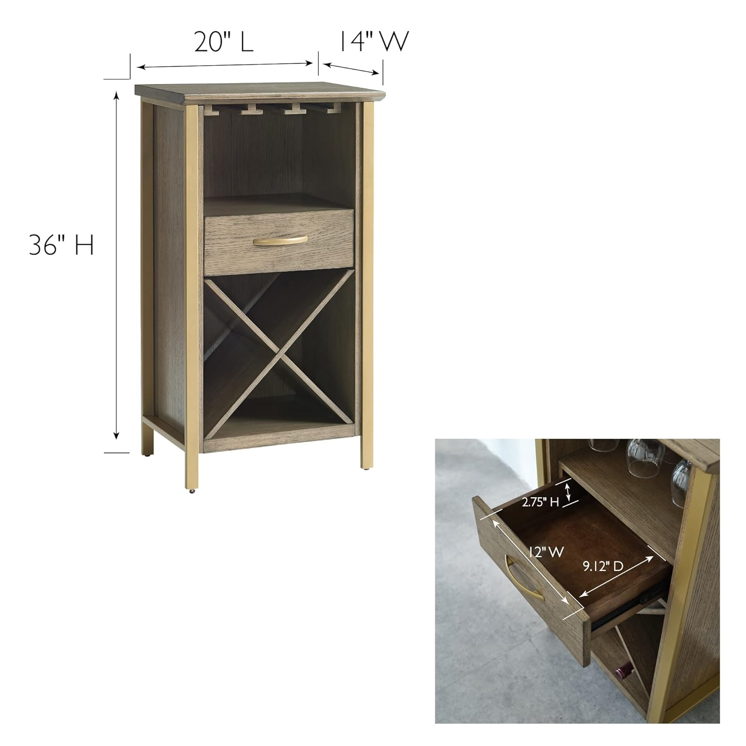 Lea 20-inch W x 36-inch H Dune Brown and Gold Mini Bar Cabinet for Stemware and Bottle Storage