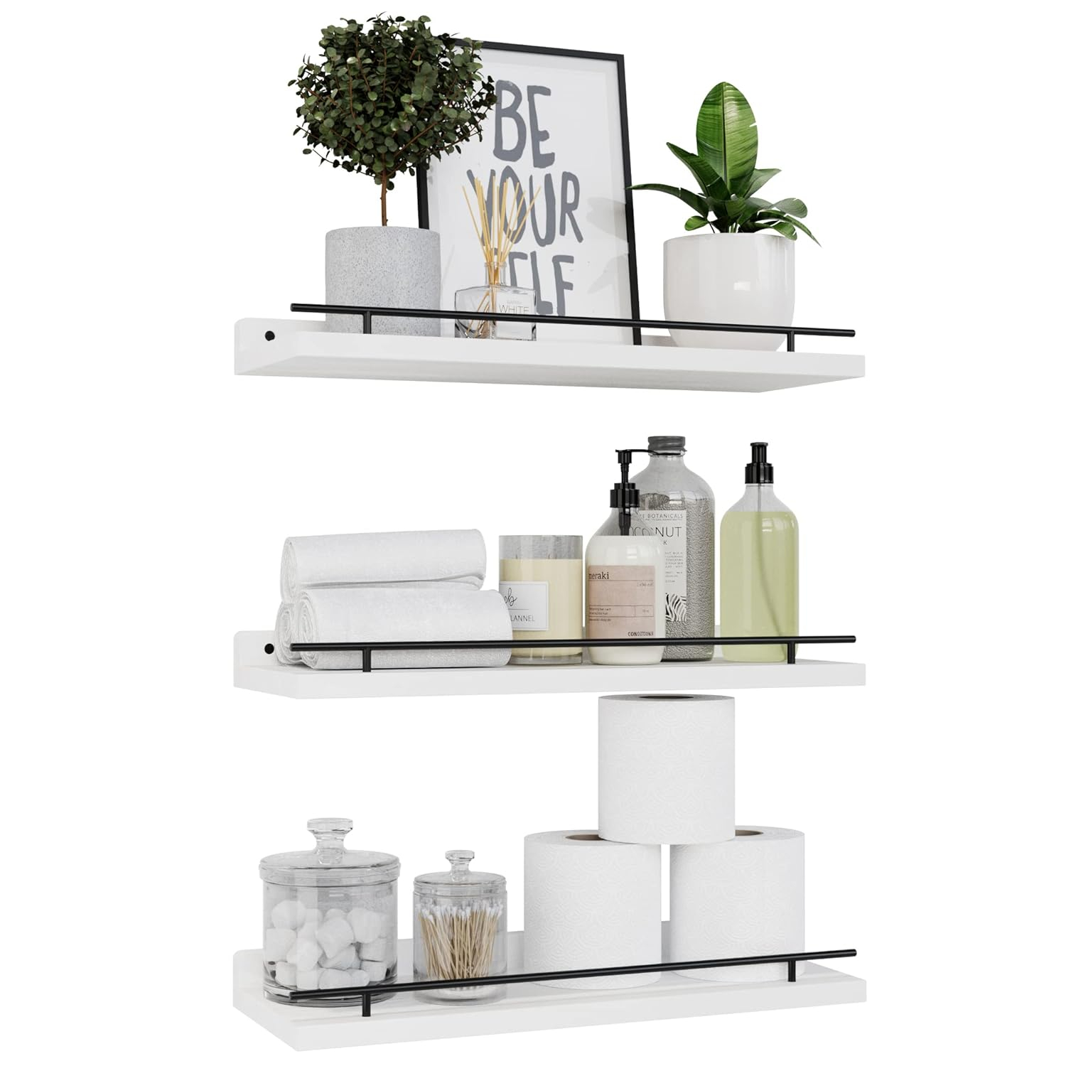 WOPITUES Floating Shelves with Black Metal Guardrail, Shelves for Wall Decor Set of 3, Wall Shelves for Bedroom, Bathroom, Kitchen, Living Room, Plants, Picture Frames, Art- Black and White