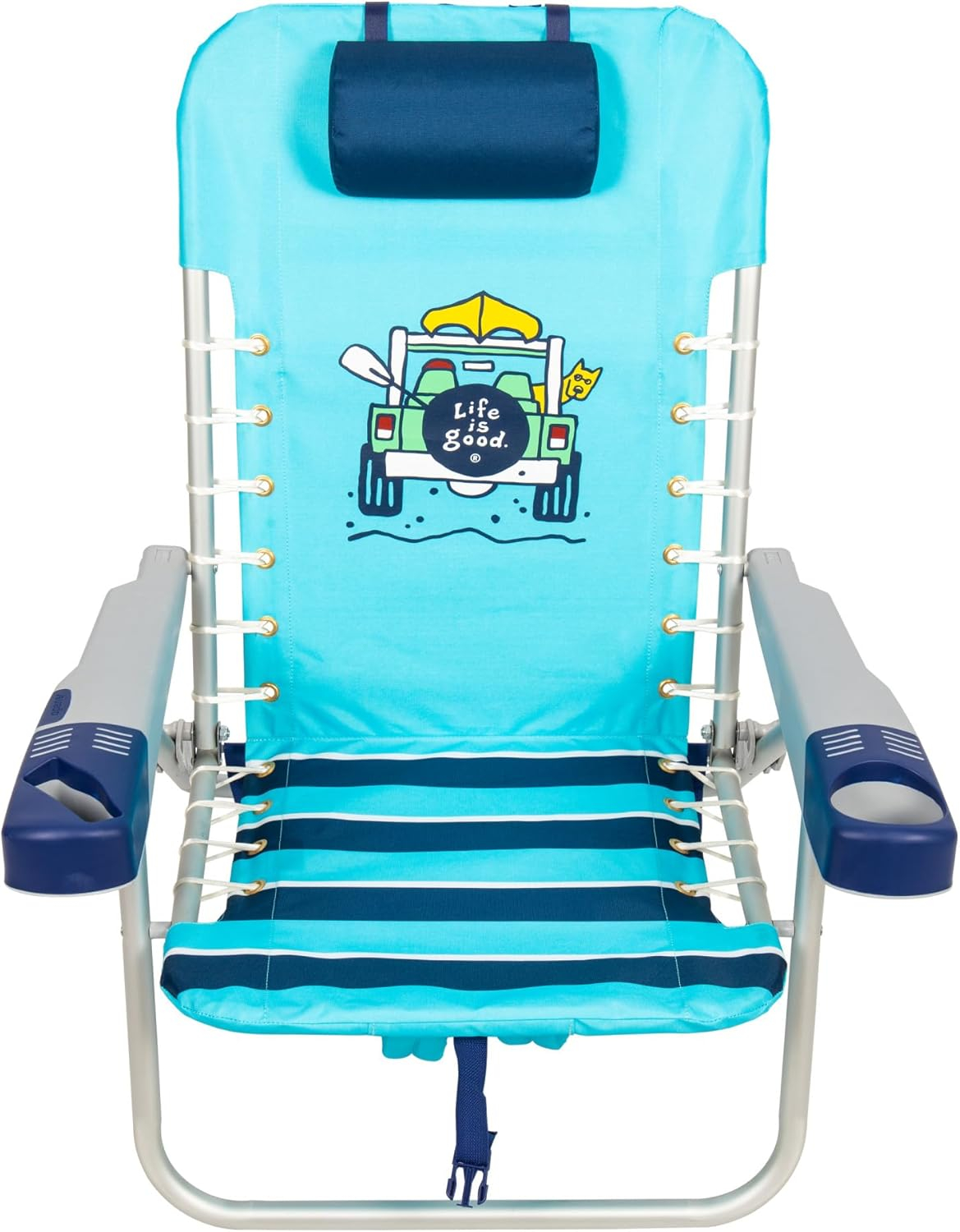 Life is Good 4-Position Lace-up Backpack Beach Chair with Pillow, Cup and Phone Holder, Island Blue