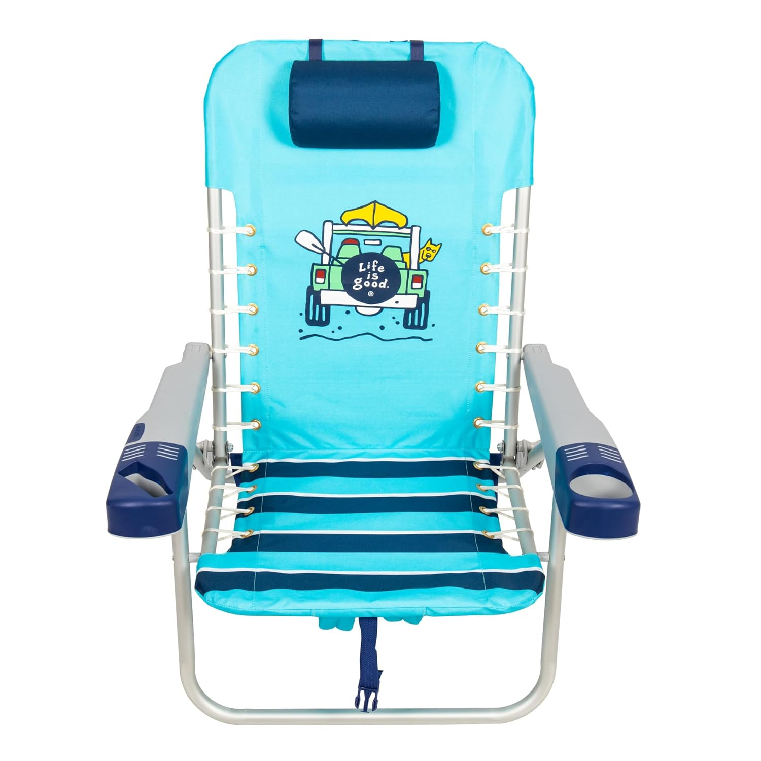 Life is Good 4-Position Lace-up Backpack Beach Chair with Pillow, Cup and Phone Holder, Island Blue