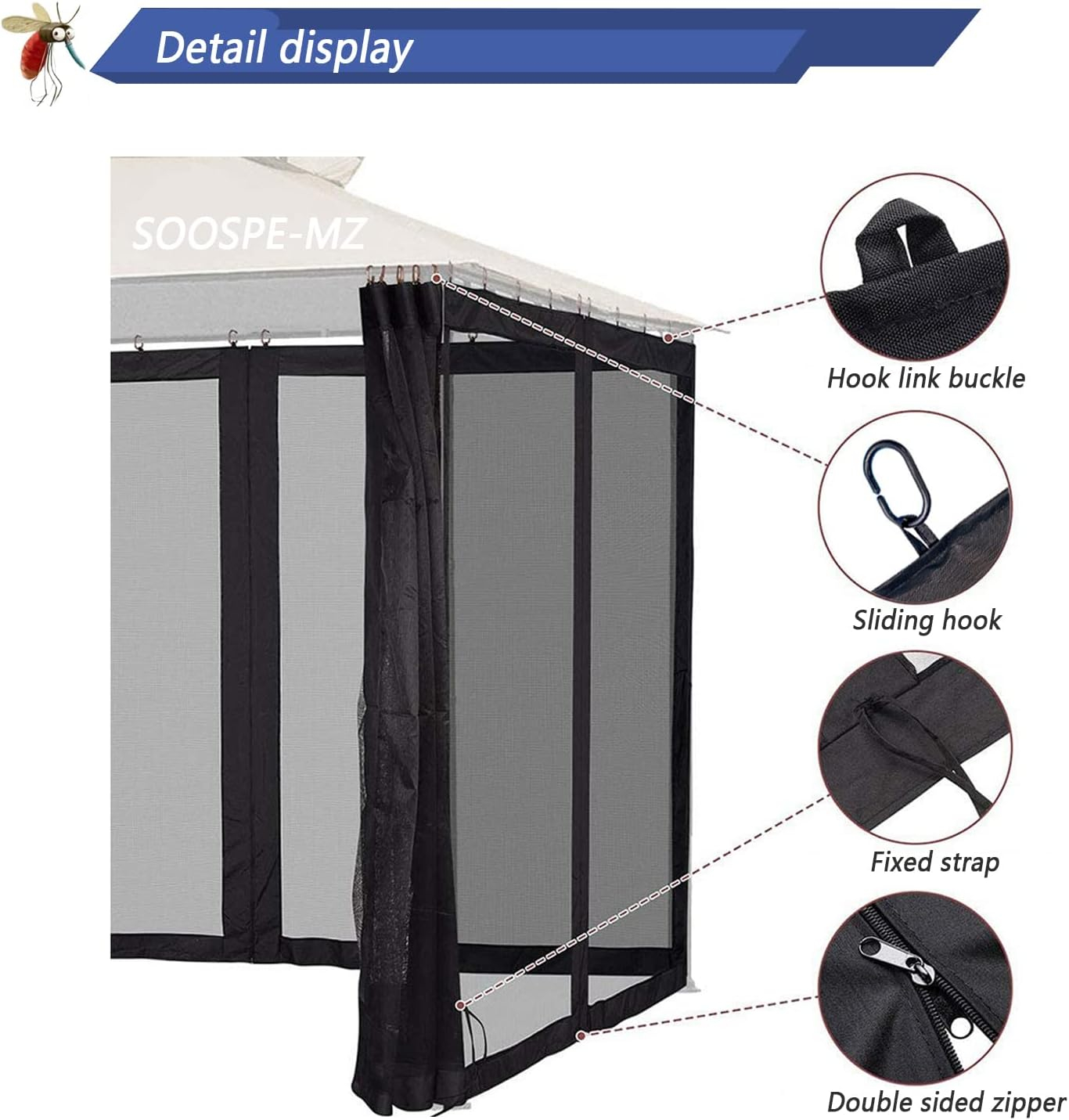 10x12 Gazebo Replacement Mosquito Netting, 4-Panel Sidewall Screen with Zipper Universal Black (10'x12')