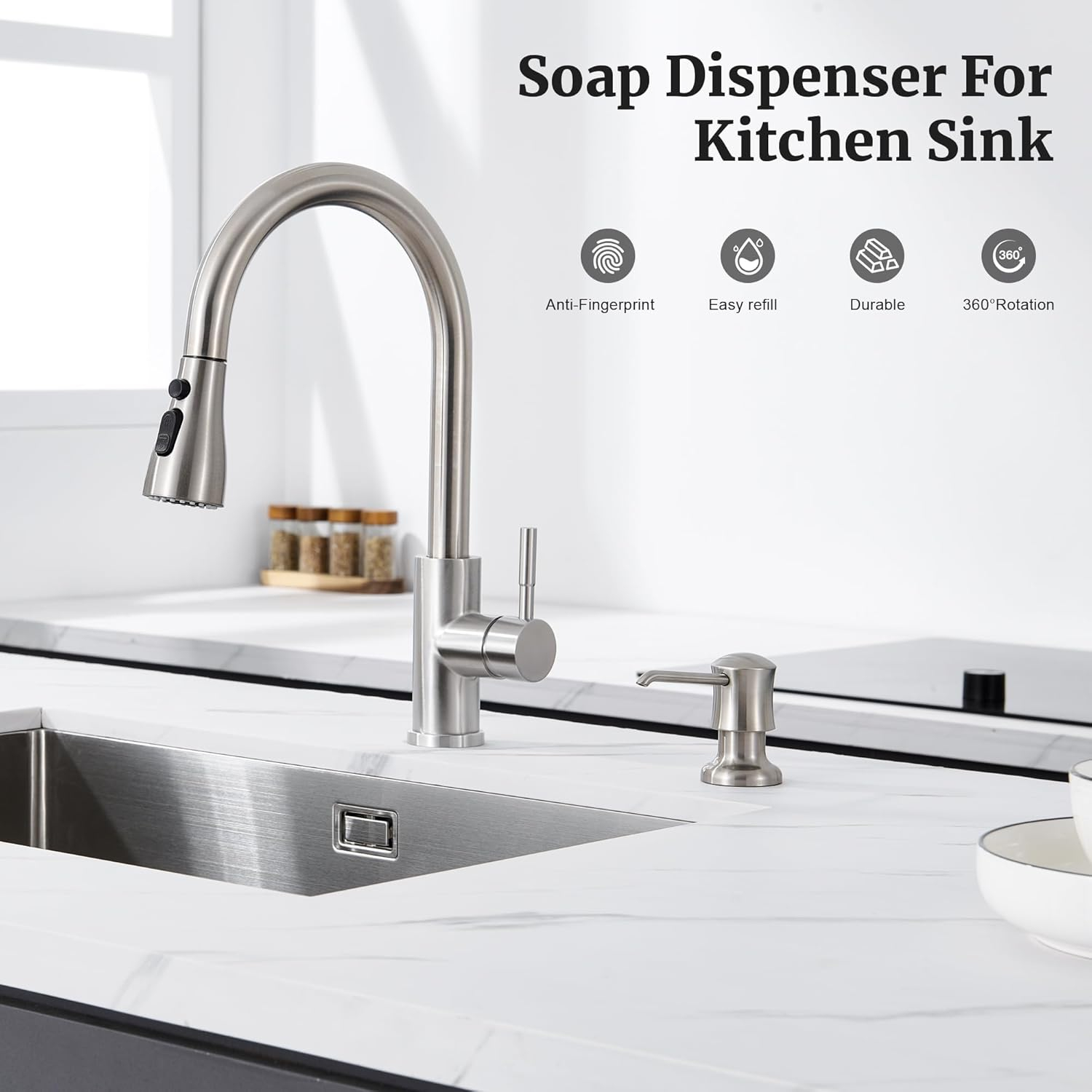 Soap Dispenser for Kitchen Sink Brushed Nickel, Built-in and Refill-from-Top Design with Liquid Hand & Dish Soap Bottle