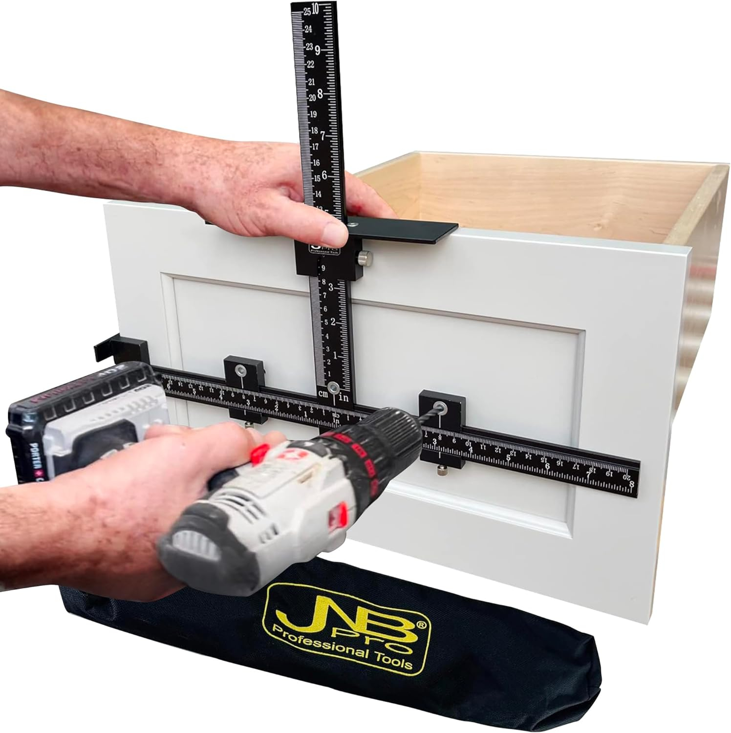 JNB Pro Cabinet Hardware Jig with Center Drill Guide, Hole Drilling for Drawer Handles and Pulls, Easy Install Tool - Full Aluminum Body with Free Carrying Case