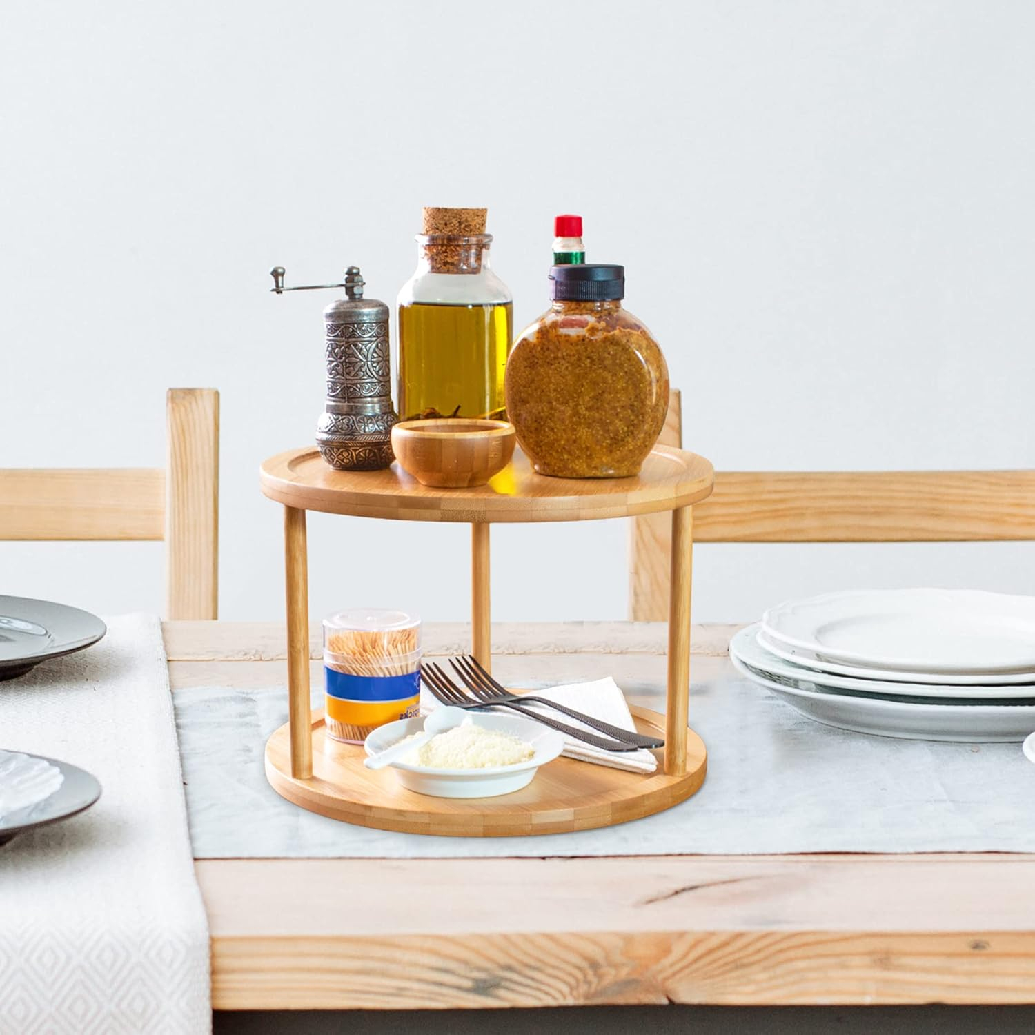 TB Home Two-Tier Bamboo 10" Lazy Susan Turntable for Cabinets, Countertop, Panty or Table