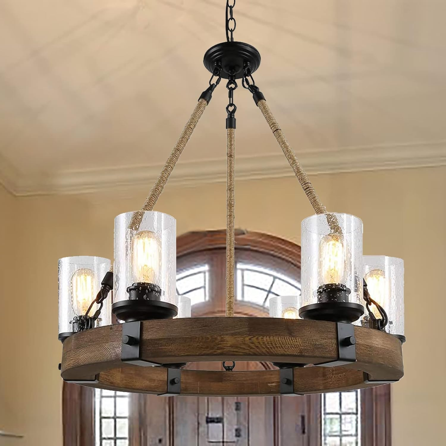 Rustic 6 Light Wagon Wheel Chandelier with Seeded Glass Shade - 24.8in