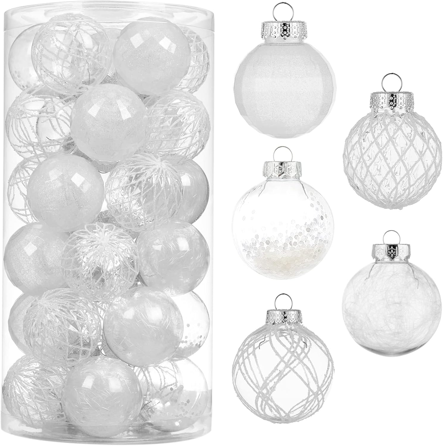 30Pcs Christmas Ball Ornaments- NOGIS 60mm/2.36" Shatterproof Clear Plastic Xmas Balls Baubles Set with Stuffed Delicate Sparkling, Hanging Christmas Tree Decorations (White)