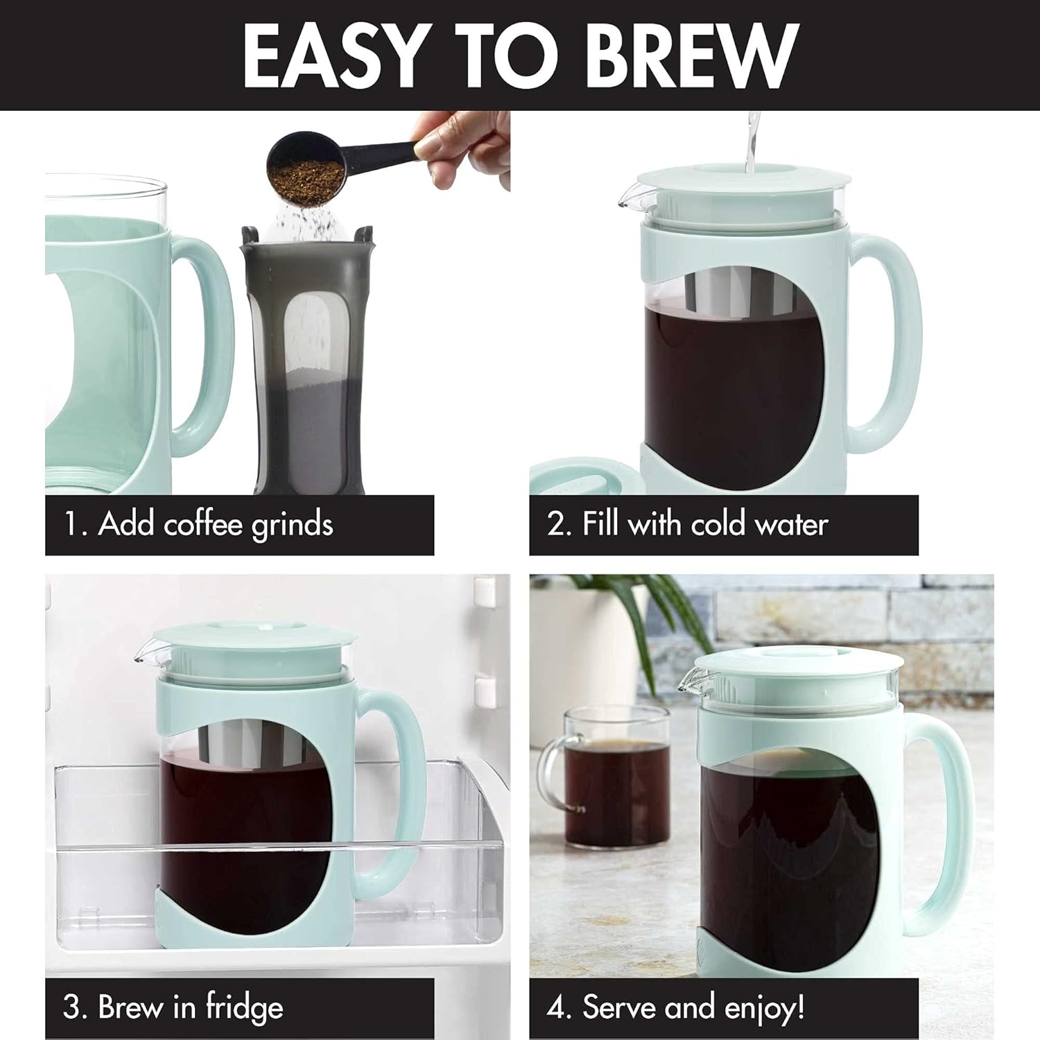 Primula Burke Deluxe Cold Brew Iced Coffee Maker Comfort Grip Handle Durable Glass Carafe Removable Mesh Filter Perfect 6 Cup Size Dishwasher Safe 1 6 Qt Aqua