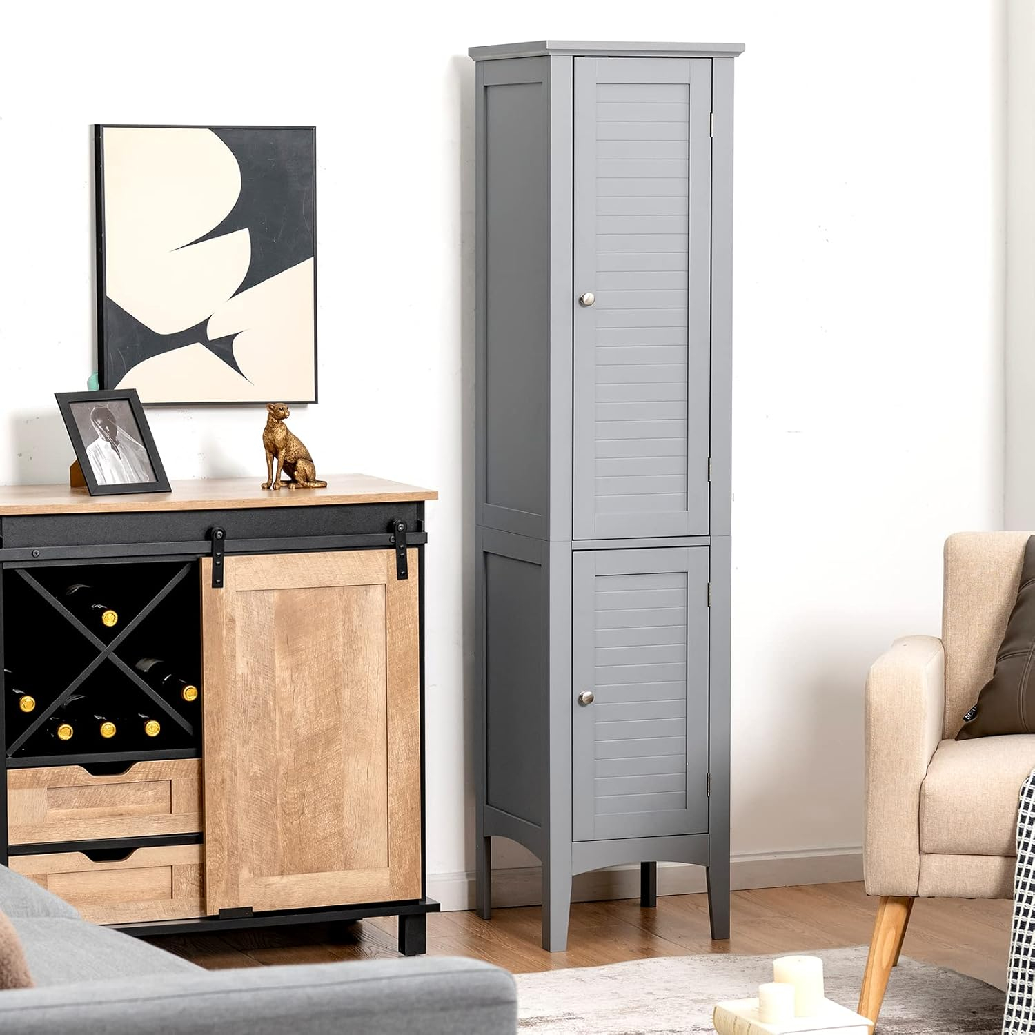 5 Tier  Freestanding Tower Cabinet Tall Bathroom Storage Cabinet Grey