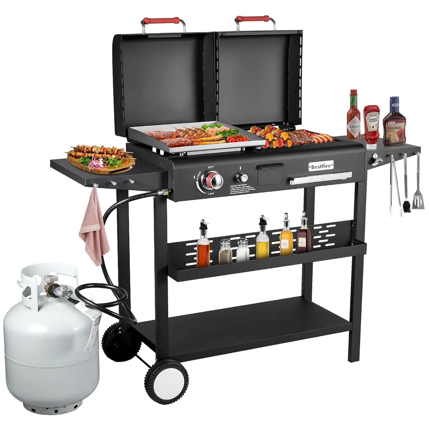 Bestfire Dual Fuel Propane Gas Charcoal Grill Combo Black Dual Lids, Flat Top Grill With 2 Side Shelves for BBQ, Outdoor and Backyard Cooking