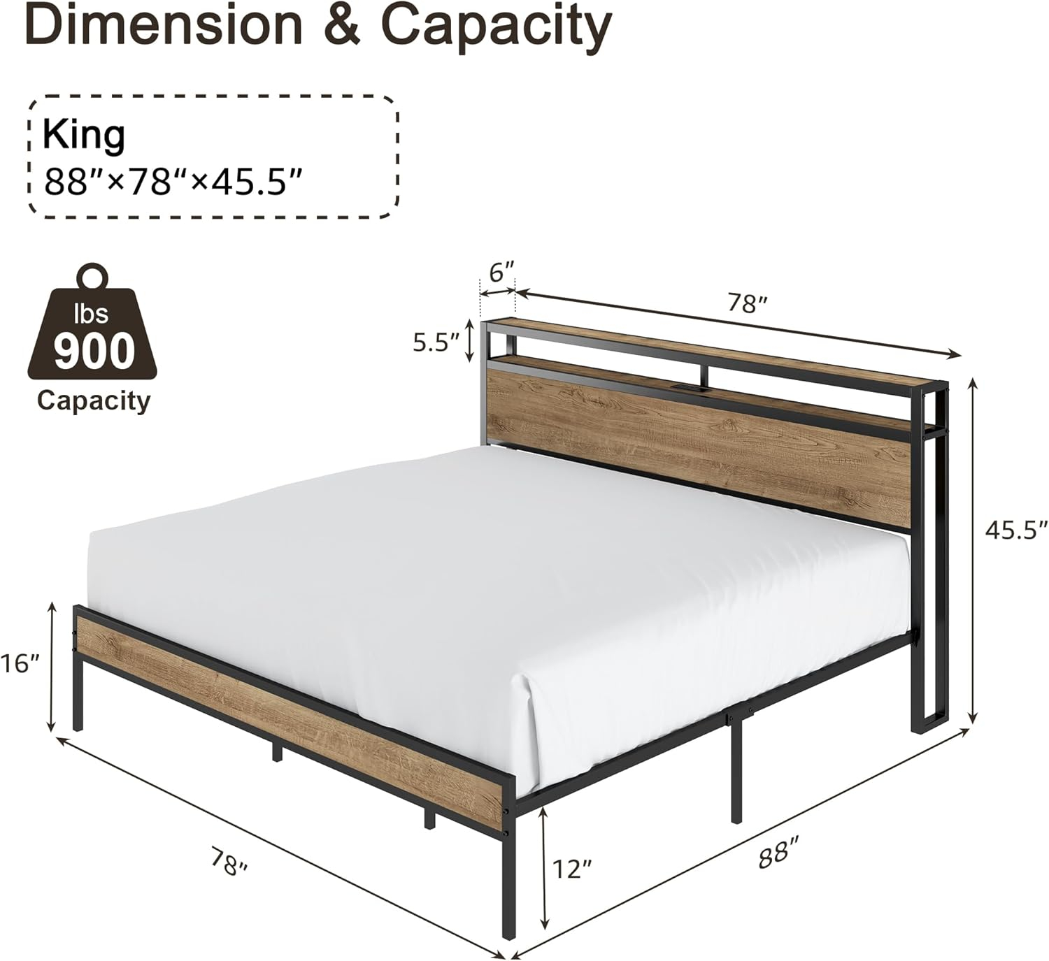 VANACC Metal Wood King Size Bed Frame with 2-Tier Storage Headboard and Charging Station, Light Brown