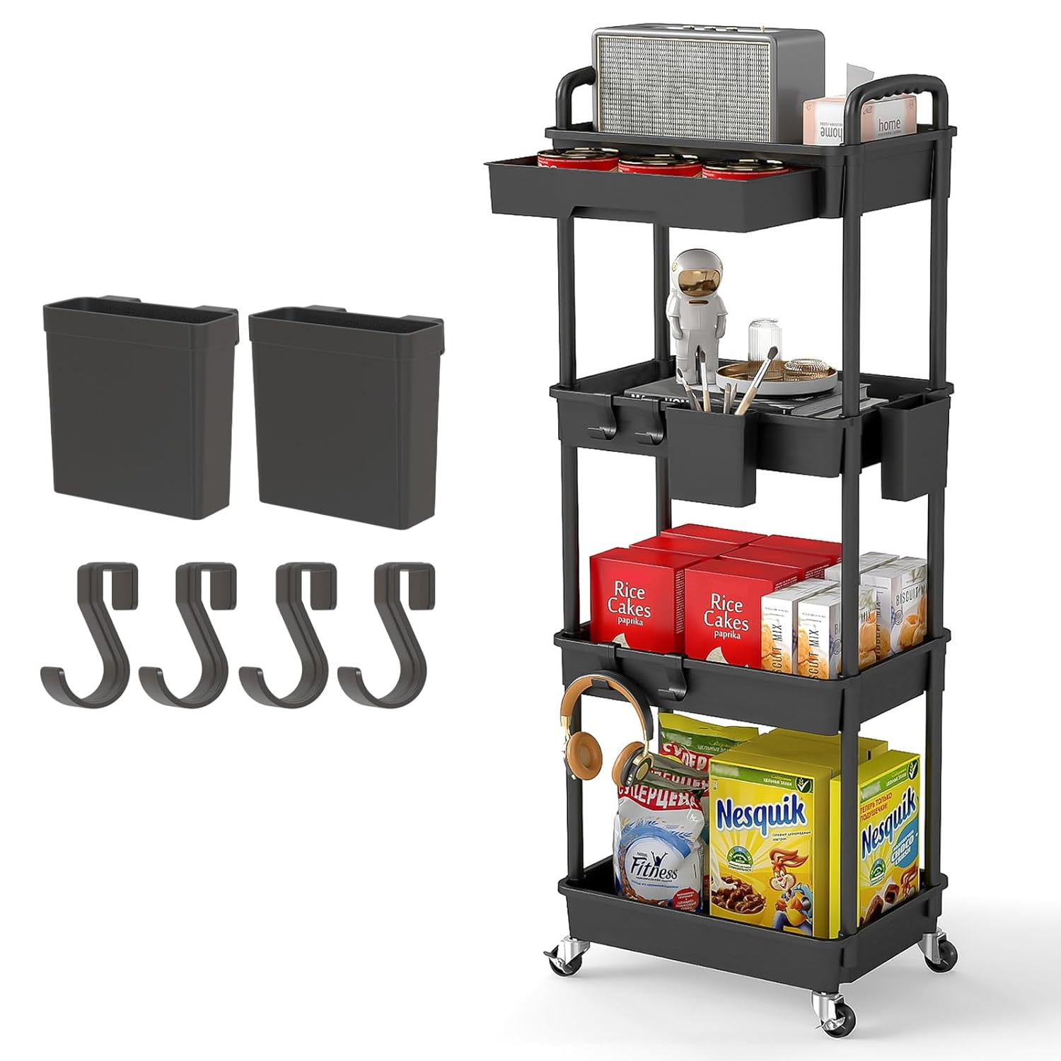 3 Tier Rolling Utility Cart with Drawer,REBECAT Utility Cart Made of Multifunctional Storage Organizer Tool for Kitchen,Bathroom,Living Room,Office(Black)