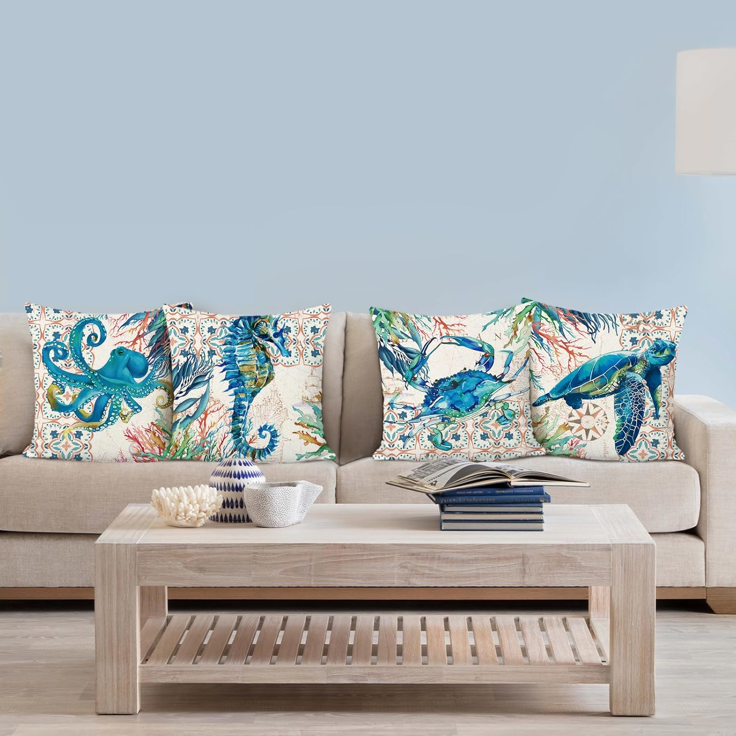 Bonhause Nautical Coastal Ocean Throw Pillow Covers 18 x 18 Inch Set of 4 Sea Turtle Seahorse Octopus Outdoor Decorative Pillow Cases Polyester Linen Cushion Covers for Sofa Couch Bedroom Home Décor