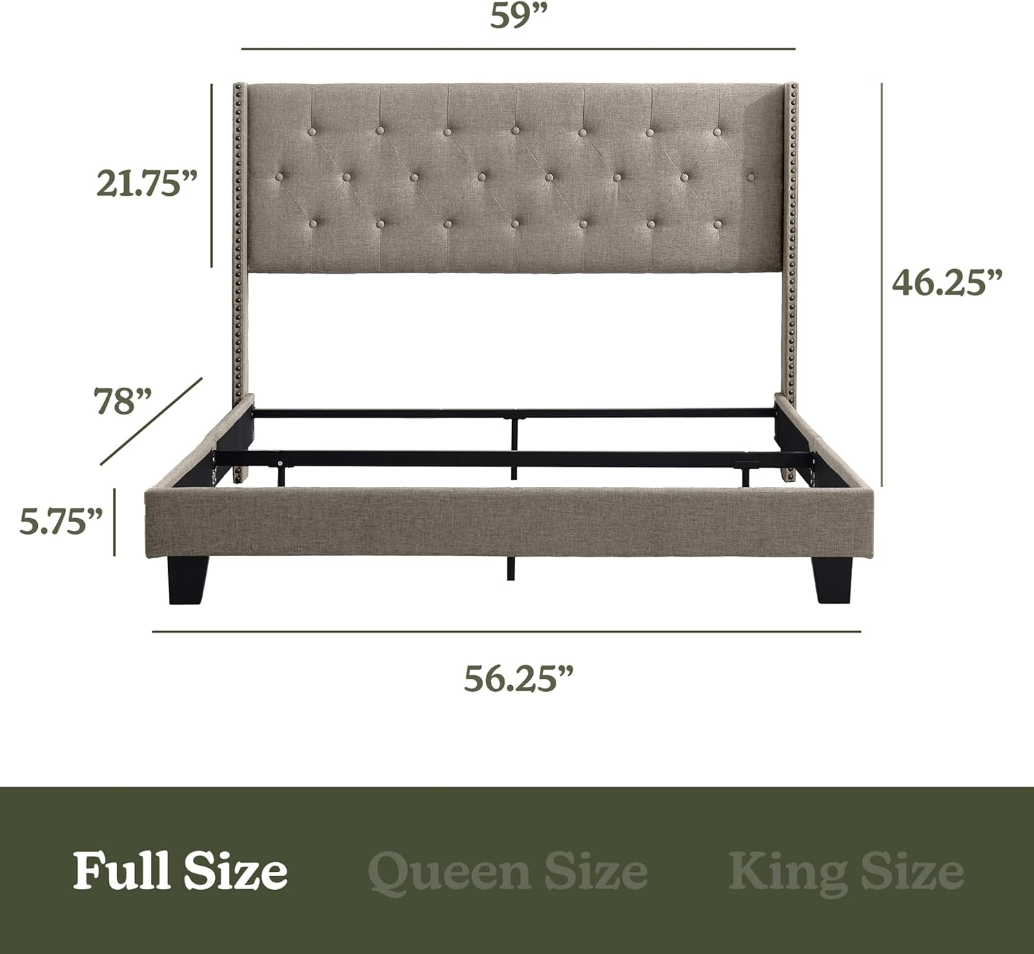 Hearth & Harbor Full Size Bed Frame with Wingback Headboard - Linen Platform, Button-Tufted Upholstered, Modern Double Bedframe, Box Spring Required, Beige