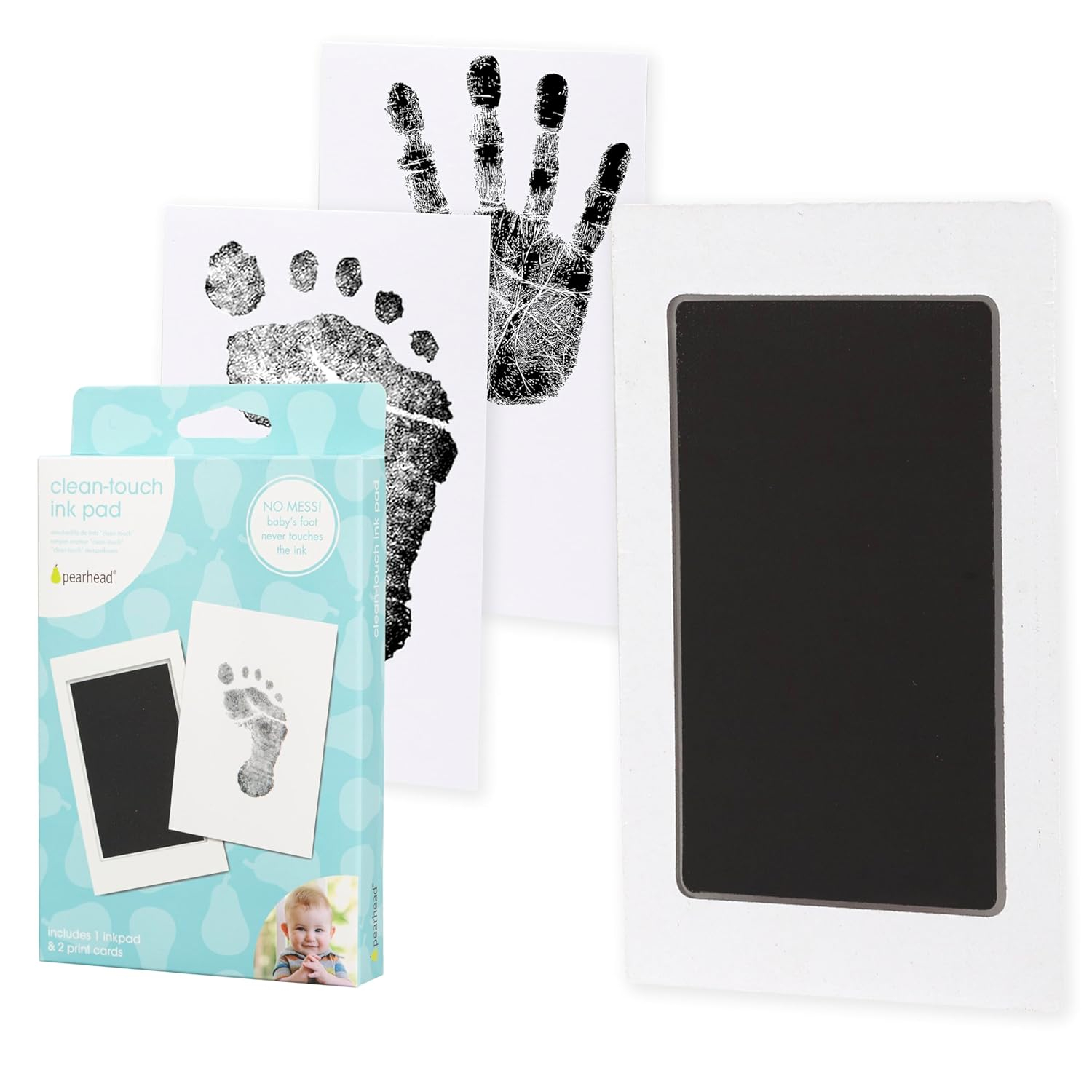 Pearhead Newborn Baby Handprint and Footprint Kit - No Mess Clean-Touch Ink Pad With Impression Cards, Safe for Skin, Perfect Keepsake for Family, Acid-Free, Black