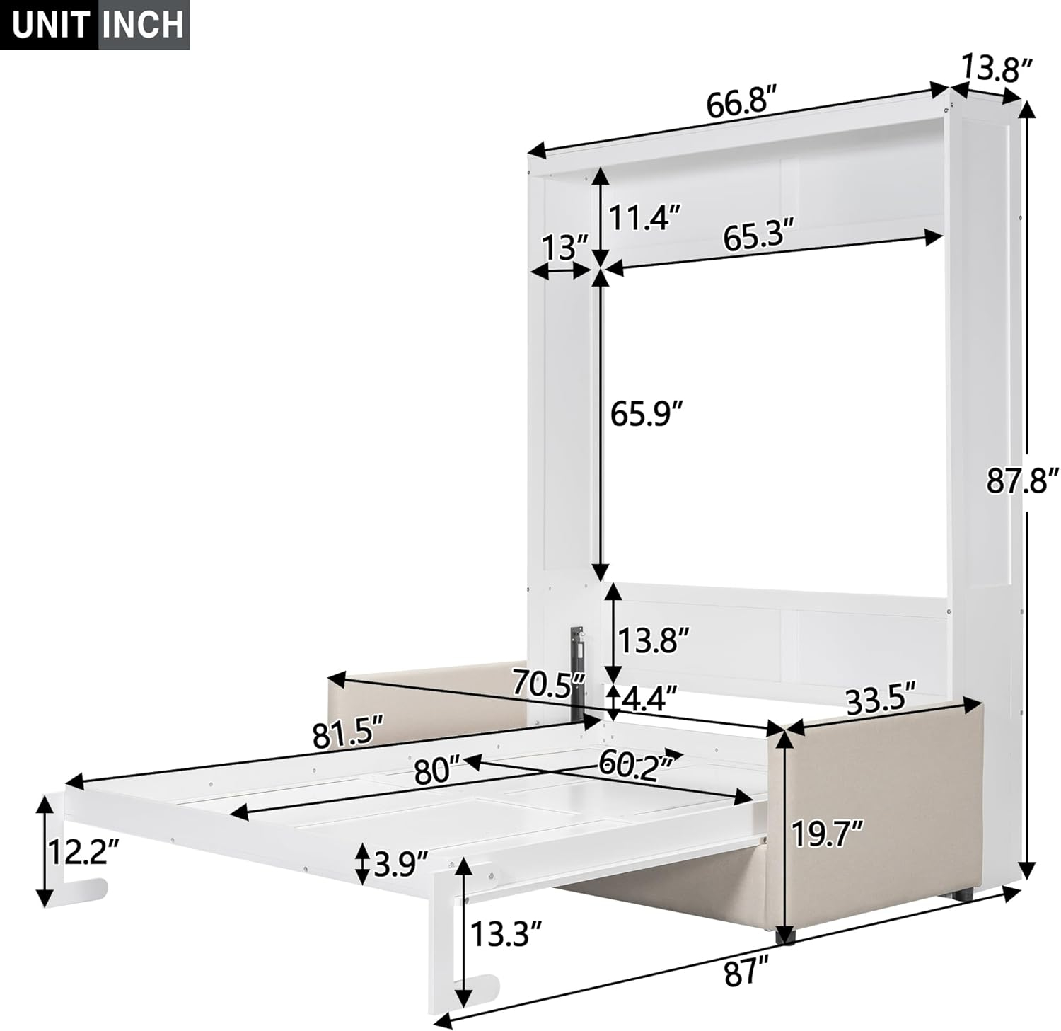 LZ LEISURE ZONE Queen Size Murphy Bed, Wooden Queen Murphy Wall Bed with Cushion and Sofa, for Home Office or Small Room, White