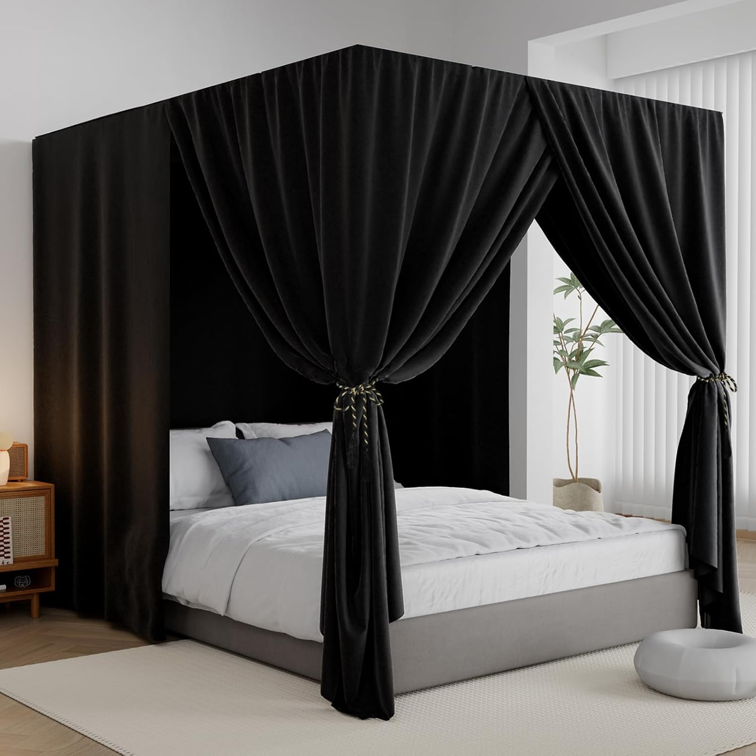 Black Canopy Bed Curtains - 4 Corner Post Bed Curtains King Lightproof Drapes Bed Canopy Curtain with Tie Backs for Adults & Girls Bedroom Decoration(Black,King)