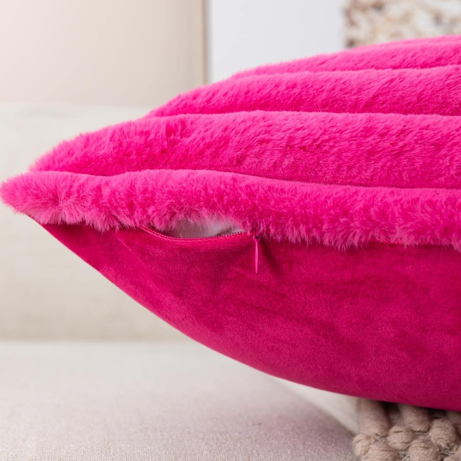 ZLINA Set of 2 Hot Pink Faux Fur Decorative Throw Pillow Covers Fluffy Striped Pillowcase Cushion Covers 12 x 20 Inch Decor Sofa Couch Bedroom