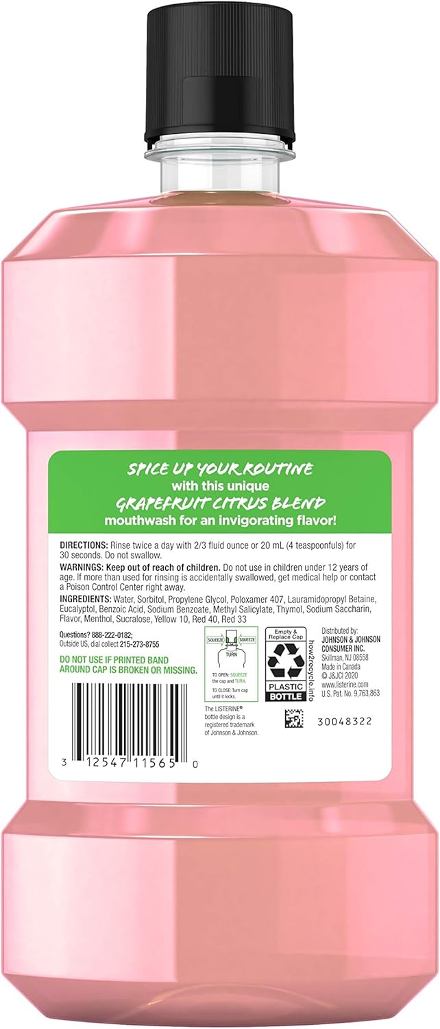 Listerine Zero Alcohol Mouthwash, Grapefruit Rose Flavor, 500 mL