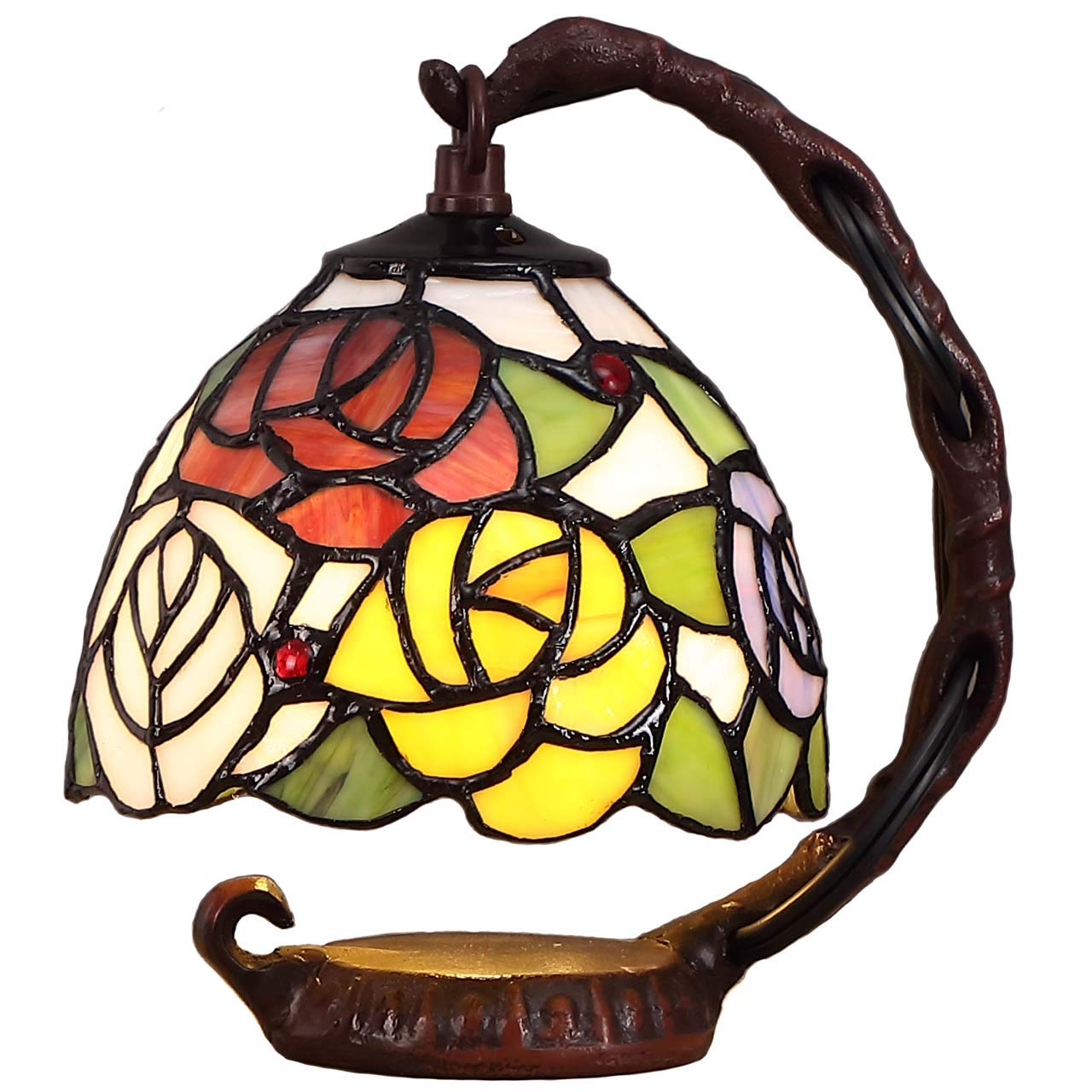 World Menagerie Rose Tiffany Style Stained Glass Table Lamp With 6-Inch Wide Lampshade Hanging On The Cast Iron Base (Pink)