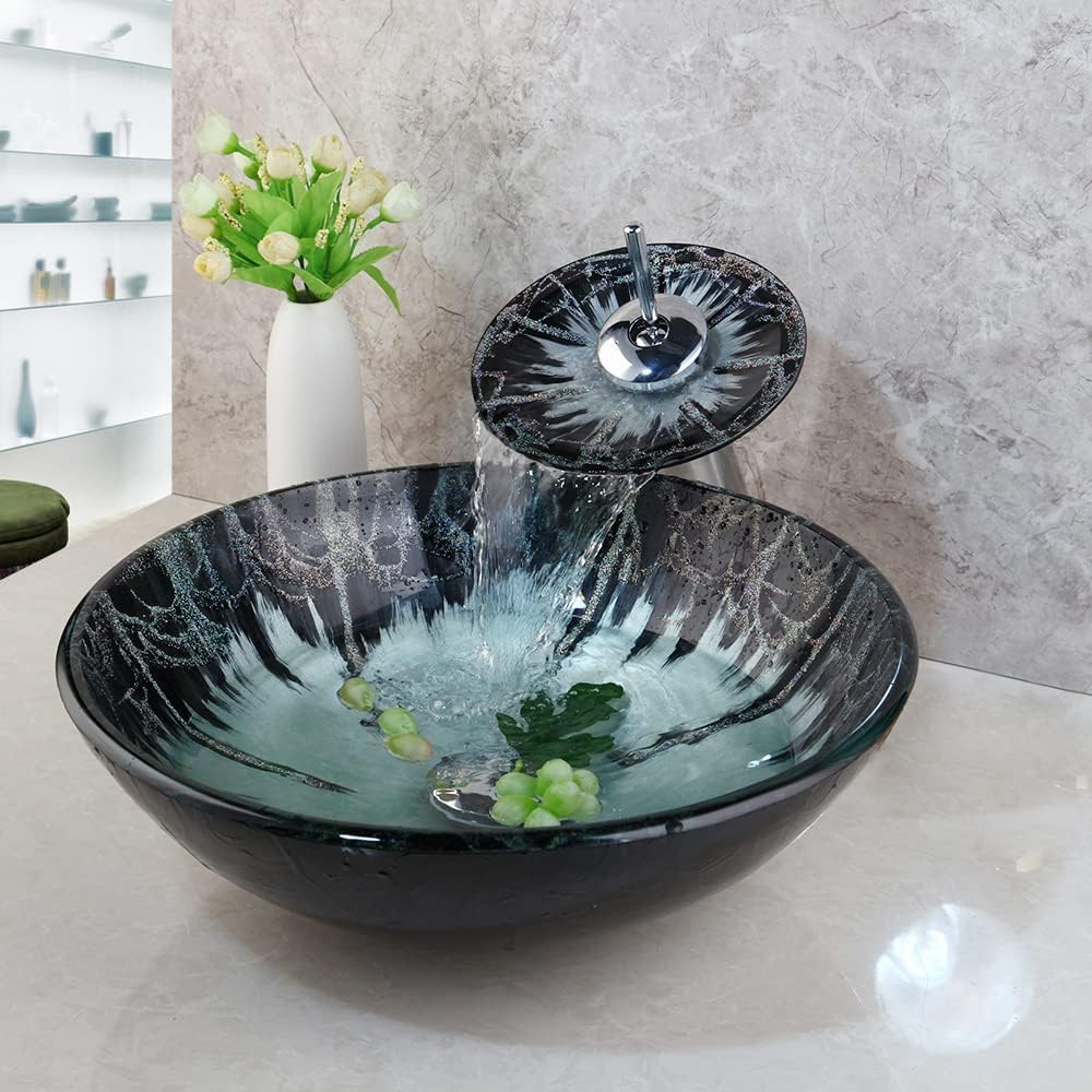 Round Polished Black and Green Glass Vessel Sink