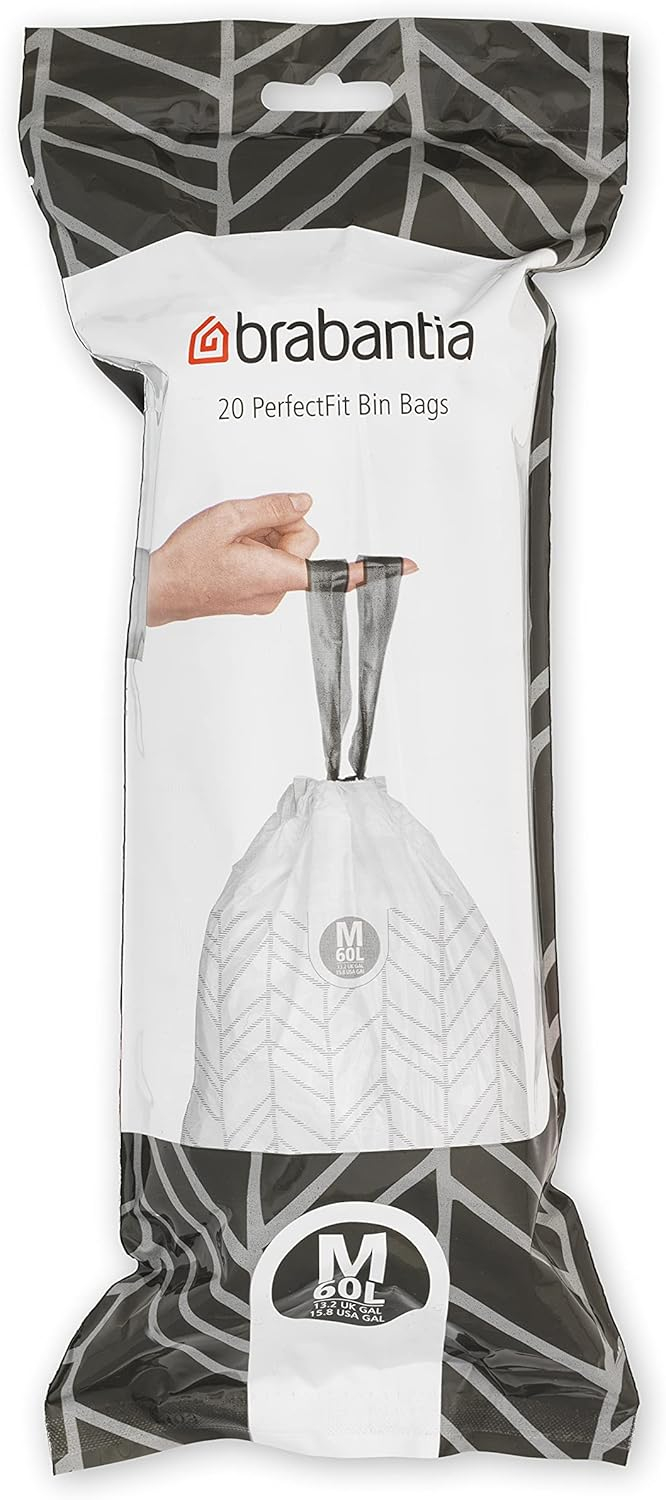 Brabantia PerfectFit Trash Bags with Drawstring Handles, Code M, 16 gallon (60L), 120 Count