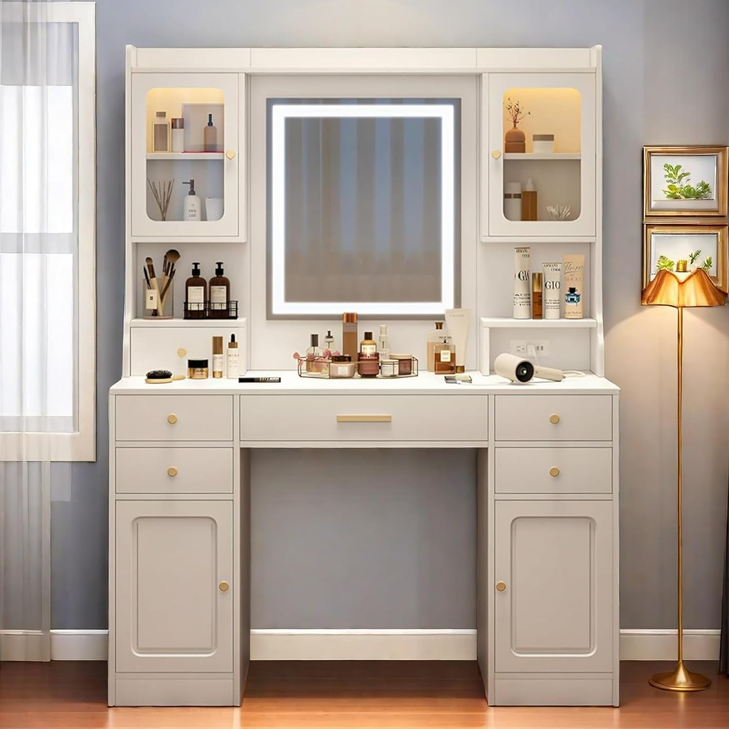 Makeup Vanity Desk with Mirror and Lights, Large Vanity Table Set with 6 Drawers & 2 Storage Cabinet & Shelves with Doors, with Charging Station, 3 Lighting Modes Brightness Adjustable