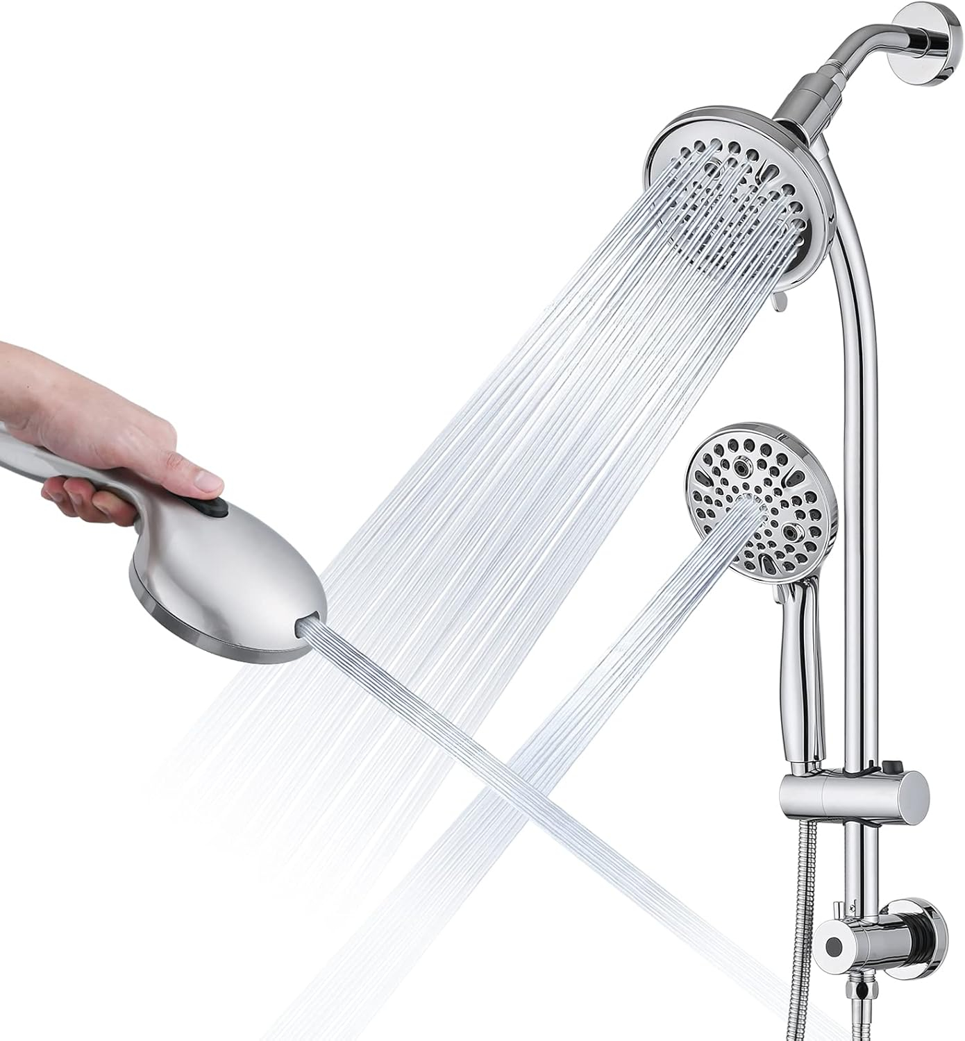 Rainfall Shower Head with Handheld Shower Spray, with 26" Drill Free Adjustable Height Slider Bar, High Pressure Dual Shower Head Combo, 3-Way Diverter for Easy Reach, 5Ft Hose - Chrome Finish