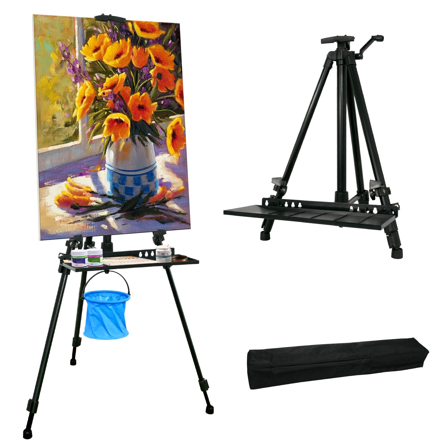 61"-20"Artist Easel Stand, Thick Aviation Aluminum Tripod Display Easel with Portable Bag for Floor/Table-Top Drawing and Displaying, Painting Easel for kids Adult, Spirit Level, Black