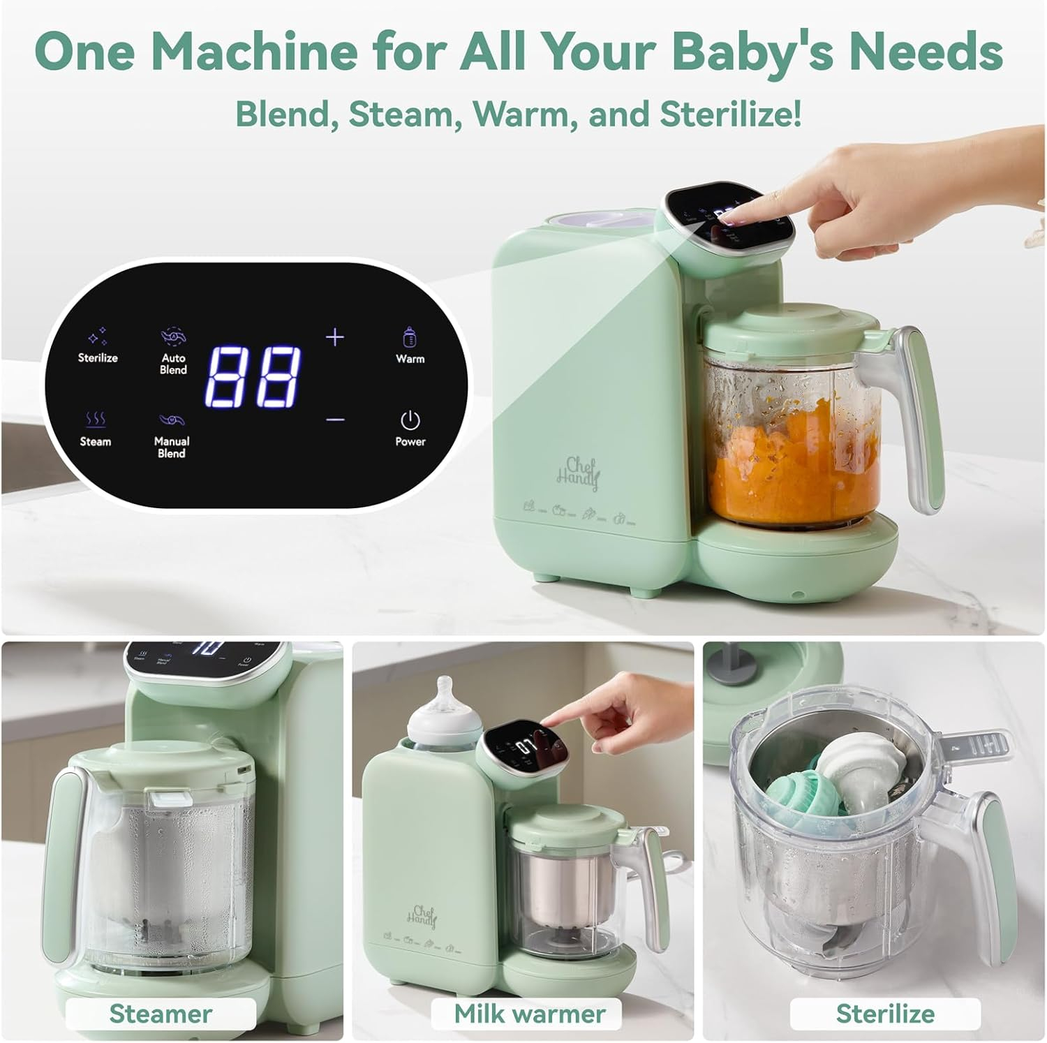 Chefhandy Baby Food Maker, 5 in 1 Baby Food Processor with Steaming Basket, Auto Cooking & Grinding, Touch Screen Control, Baby Steamer and Blender, Baby Food Puree Maker Warmer Mills Machine (Green)
