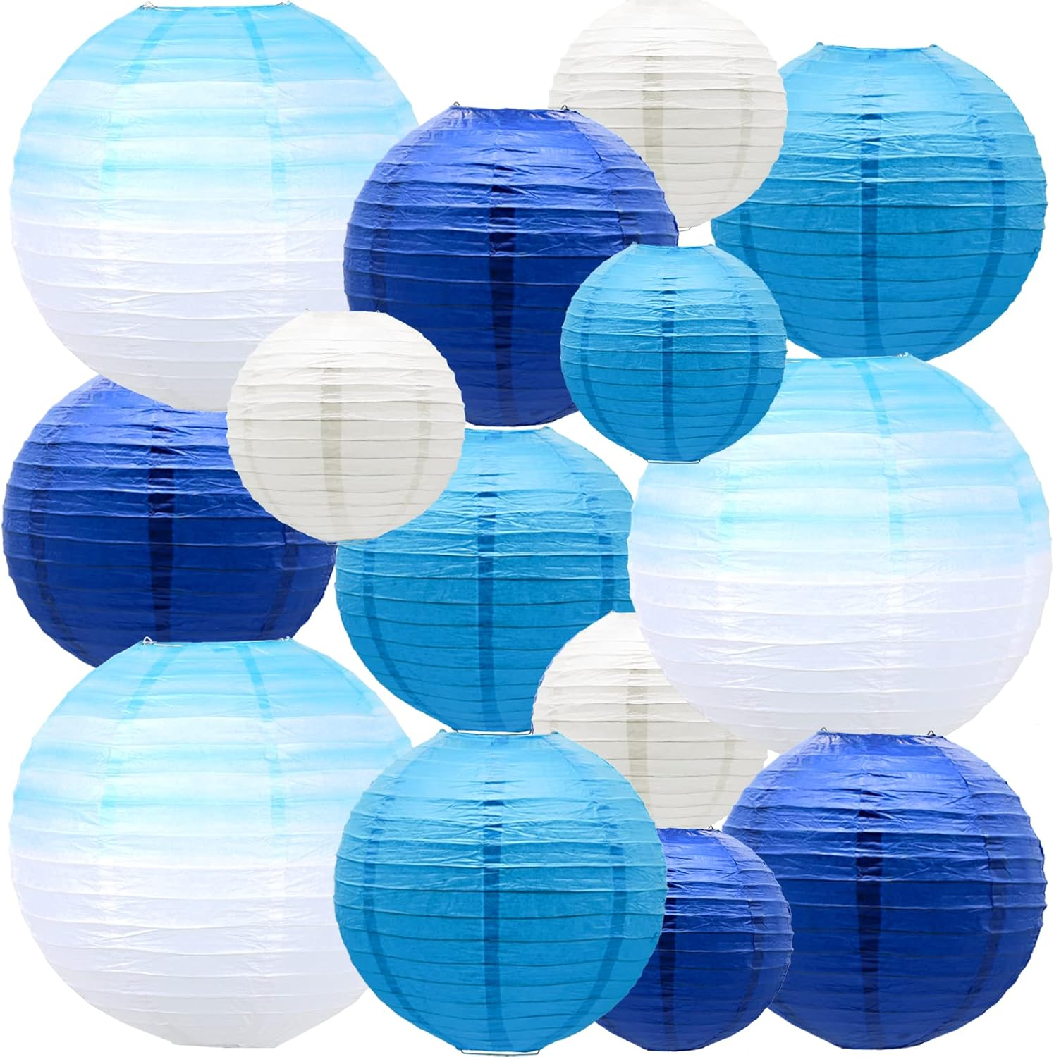 14 PCS Paper Lanterns, Gradient Colorful Blue Round Paper Lanterns Decorative Lantern Lamps, Hanging Paper Lanterns Chinese Tissue Paper Lanterns Indoor Room & Outdoor Party Supplies Decoration
