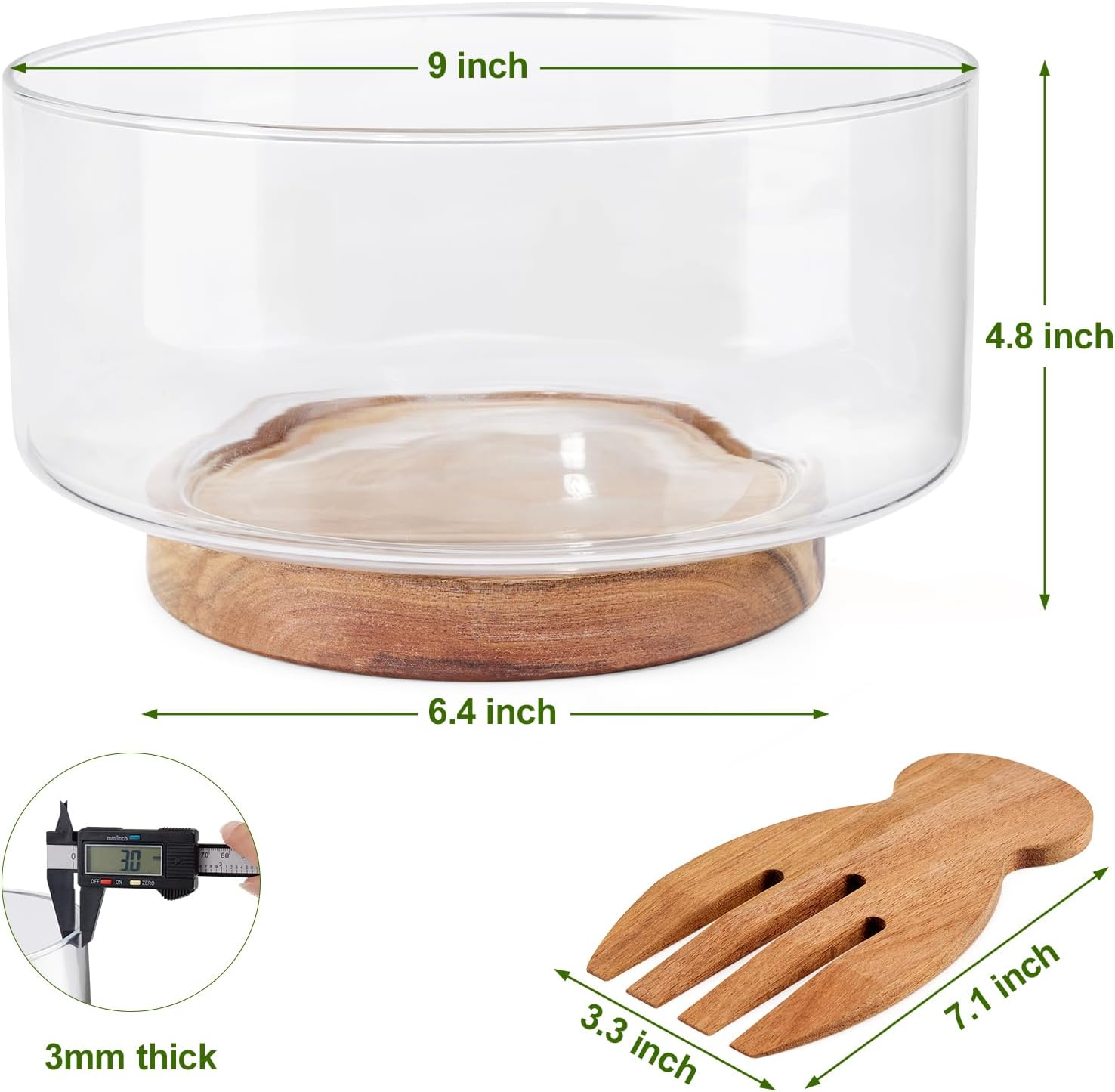 Large Salad Bowl Set, Glass Salad Bowl with Acacia Wood Base and Salad Serving Utensils, 150 oz Trifle and Fruit Bowl, Serving Bowls for Dessert, Popcorn, Chips, Pasta, Microwave & Dishwasher Safe