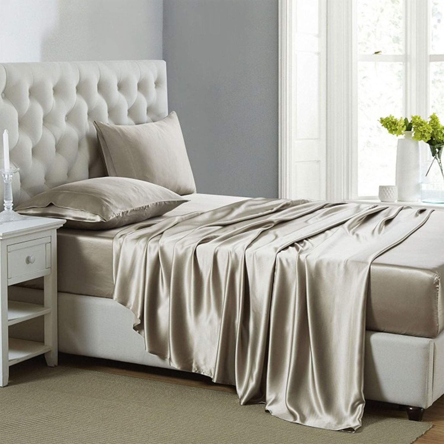 Lanest Housing Silk Satin Sheets, Full Size Satin Bed Sheet Set with Deep Pockets, Cooling Soft and Hypoallergenic Satin Sheets Full - Taupe