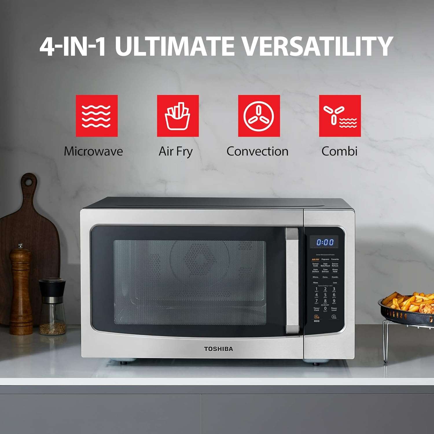 Toshiba Air Fryer Combo 4-in-1 Countertop Microwave Oven, Smart Sensor, Convection, Mute Function, Position Memory 13.6" Turntable, 1.5 Cu Ft, 1000W, Silver, ML-EC42P(SS)