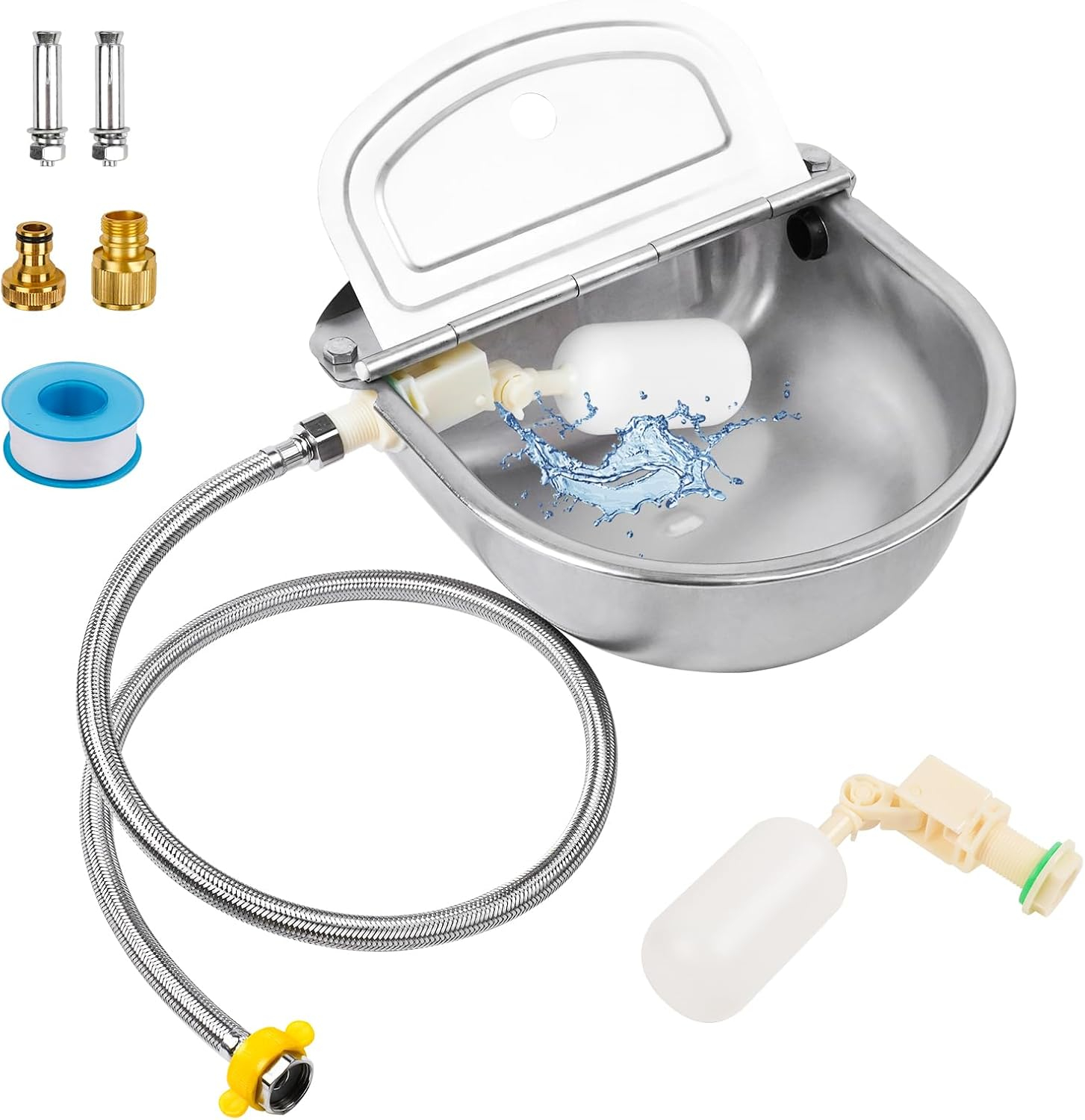 Automatic Dog Drinking Water Bowl, 304 Stainless Steel Outdoor Waterer for Dog Horse Pig Cow, Large Animal Dispenser with 2 Float Valves, Pipe Hose, Quick Connector and Expansion Bolt