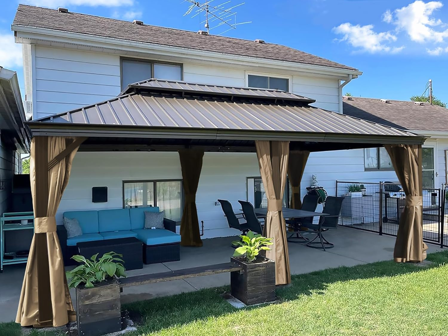 Domi Outdoor Living 14’ X 20’ Hardtop Gazebo, Outdoor Aluminum Frame Canopy with Galvanized Steel Double Roof, Outdoor Permanent Metal Pavilion with Curtains and Netting for Patio, Backyard and Lawn