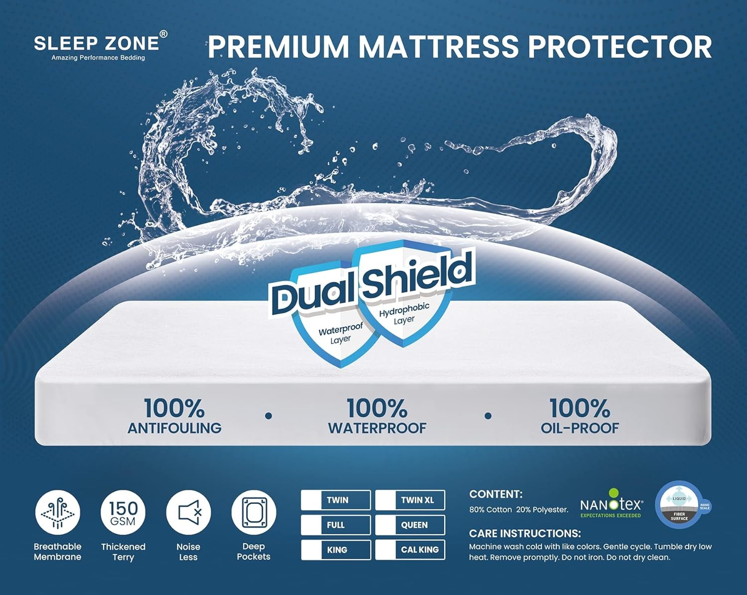 SLEEP ZONE Waterproof Mattress Protector Twin Size, Soft Breathable Cotton Terry Mattress Cover, Washable Noiseless Bed Cover Deep Pocket 8"-21", Twin