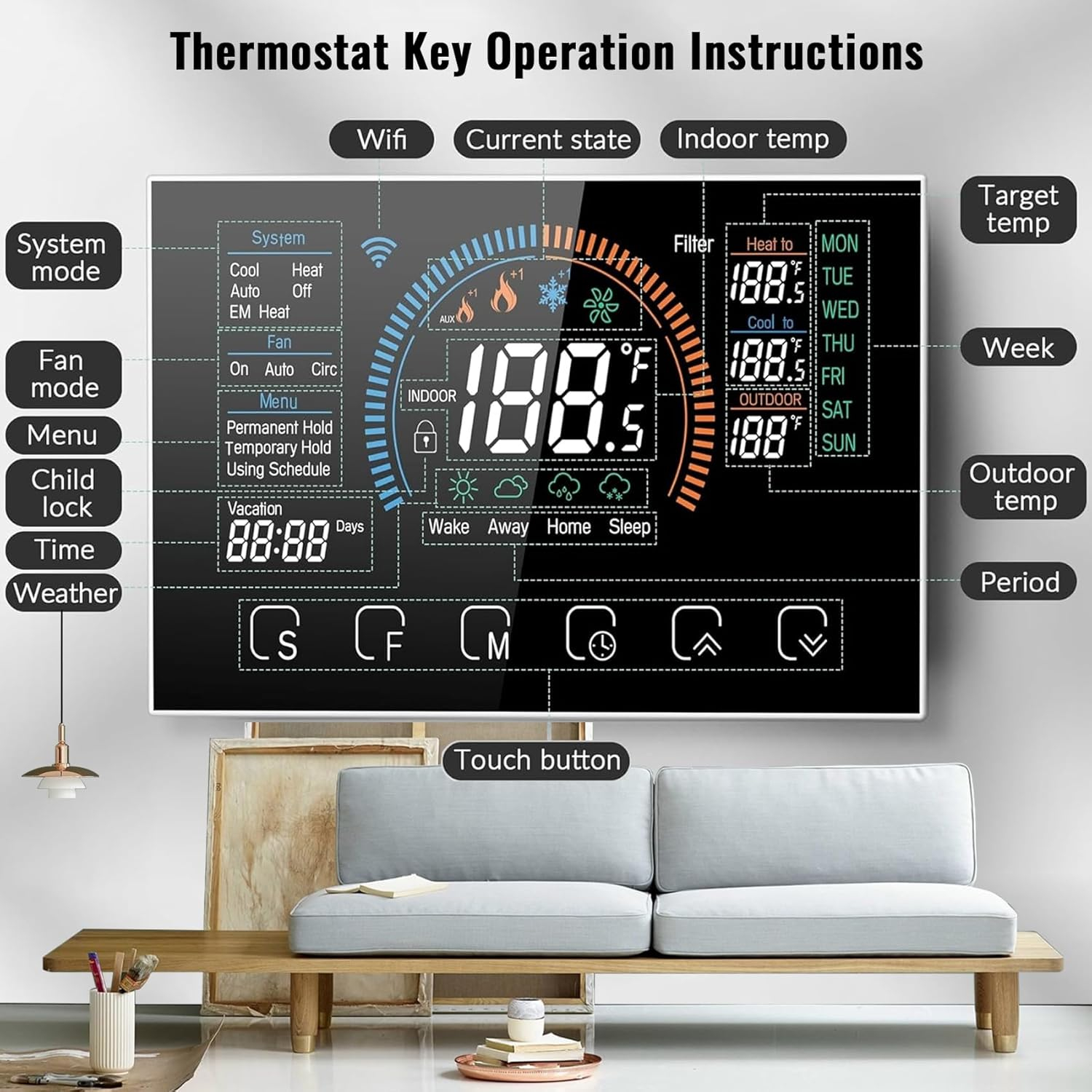 Smart Thermostat for Home WiFi, Programmable Thermostat for Connecting Heat Pumps, Cooling Heating & Auto Mode, Includes C-Wire Adapter, LCD Screen, Voice Control/Weather/Energy saving, App Thermostat