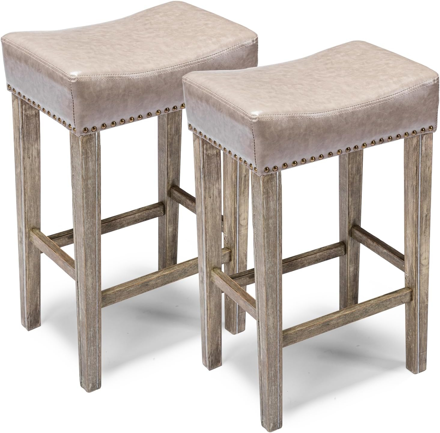 Lecut 26 Inch Wood Saddle Seat Barstool Set of 2 PU Leather Kitchen Counter Stools Nailhead Wood Pub-Height Saddle Stool Black