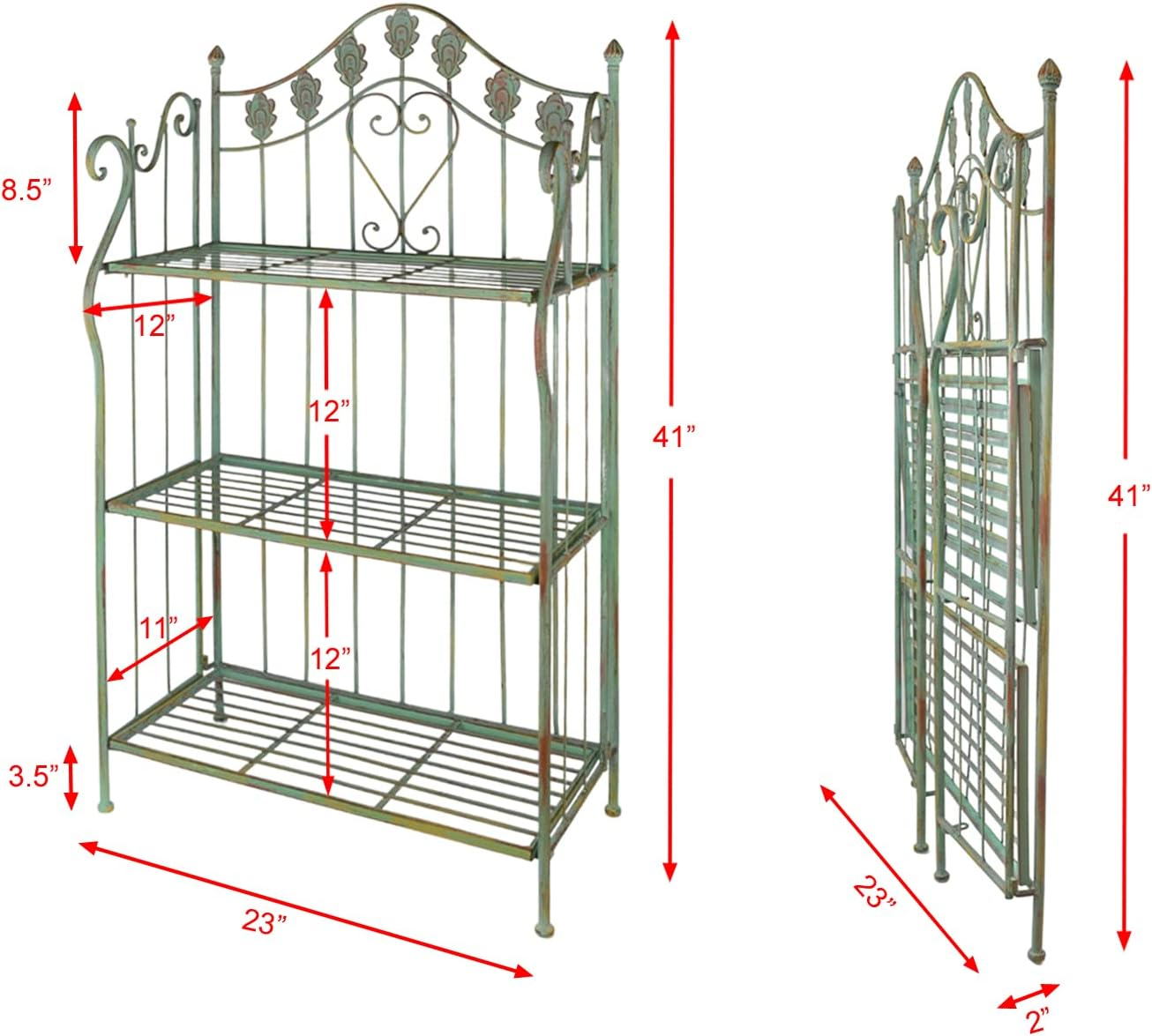 Pre-Assembled Folding Metal Shelf | Plant Stand | Shelving Unit | Bookcase | Outdoor Baker's Rack with Scrolling Heart & Peacock Tail Motif