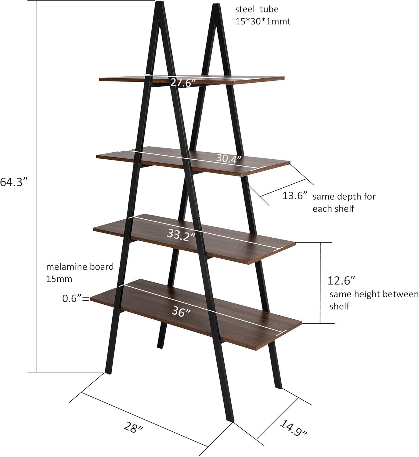 Glitzhome 64.5"H Modern Industry Wooden Oak Melamine 4-Tier Metal/ Wooden Leaning Bookcases & Ladder Shelves