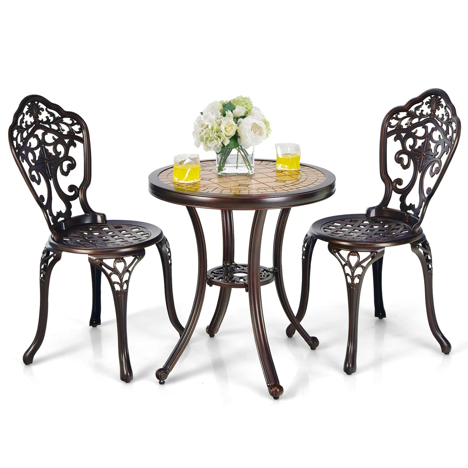 3PCS Patio Bistro Set Round Table Chairs All Weather Cast Aluminum