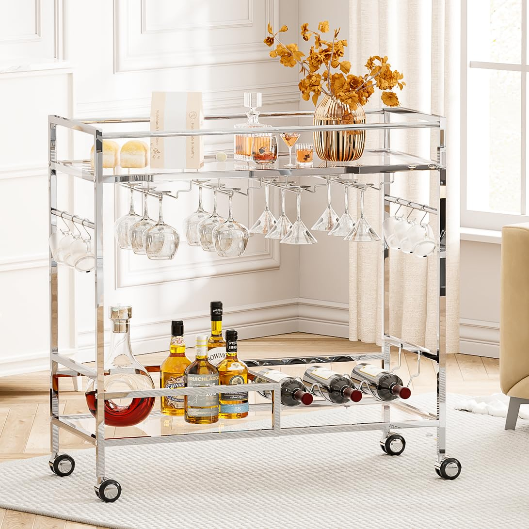 Bar Cart, Bar Serving Cart with Wheels, 2 Tier Bar Carts for The Home Kitchen Dining Room with Wine Rack and Glass Holder (Gold)