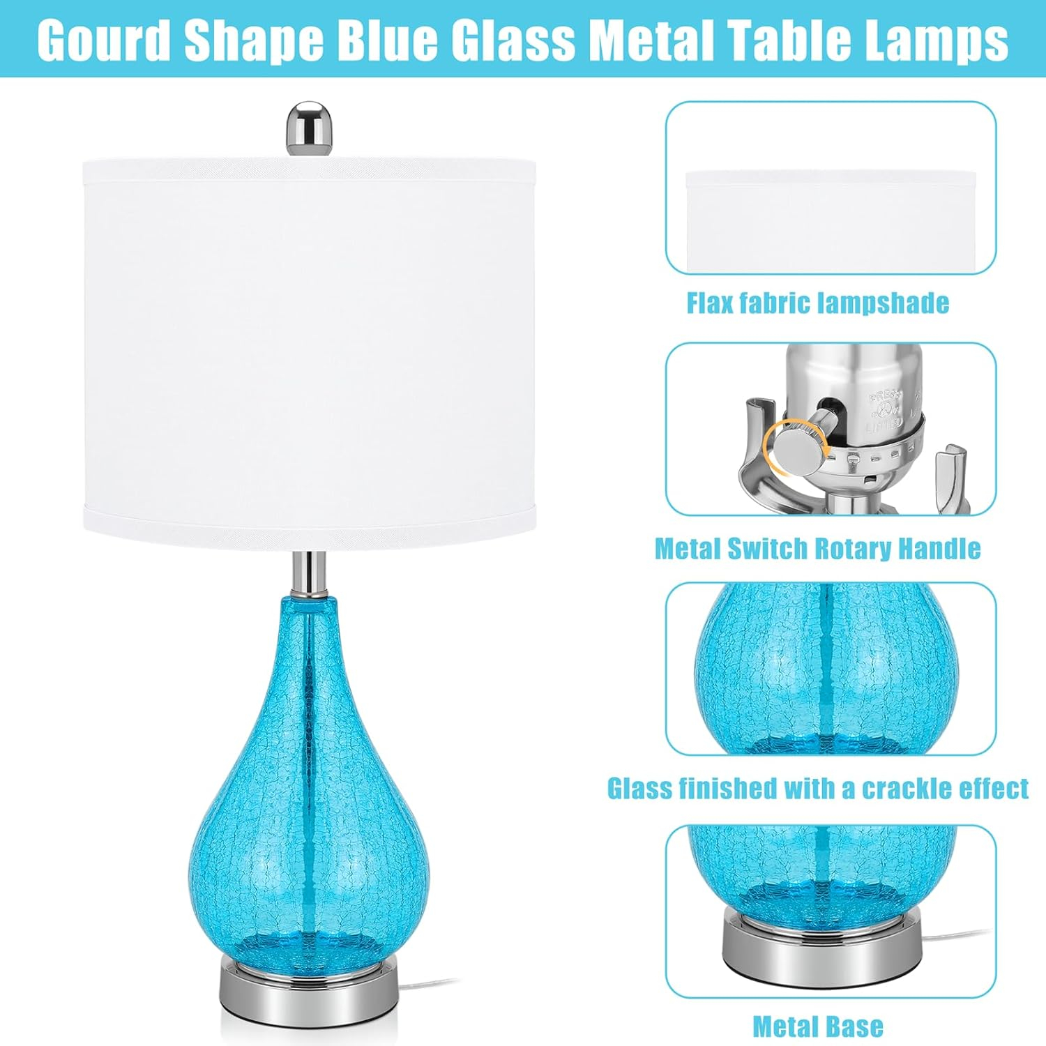 Glass Table Lamps Set of 2, Modern 23.5” Blue Cracked Glass Bedside Lamps, for Bedroom Living Room Home Office Desk Nightstand Table Lamp